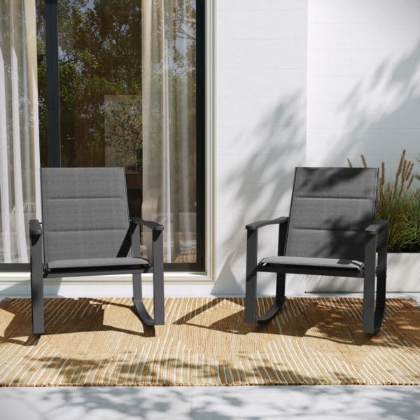 Set of 2 All Weather Flex Comfort Rocking Chairs with Metal Frames-Brown/Black