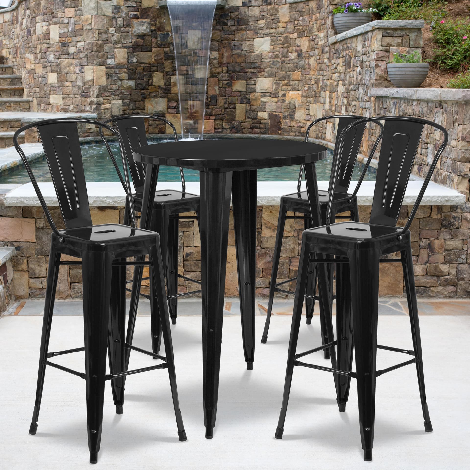 30" Round Black Metal Indoor-Outdoor Bar Table Set with 4 Cafe Stools