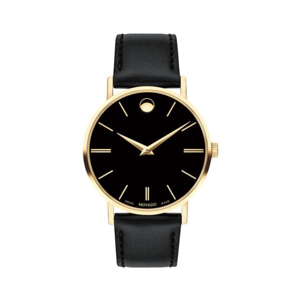 Corporate Classic Gents. Yellow PVD Case. Black Dial with markers & Black Calfskin Strap