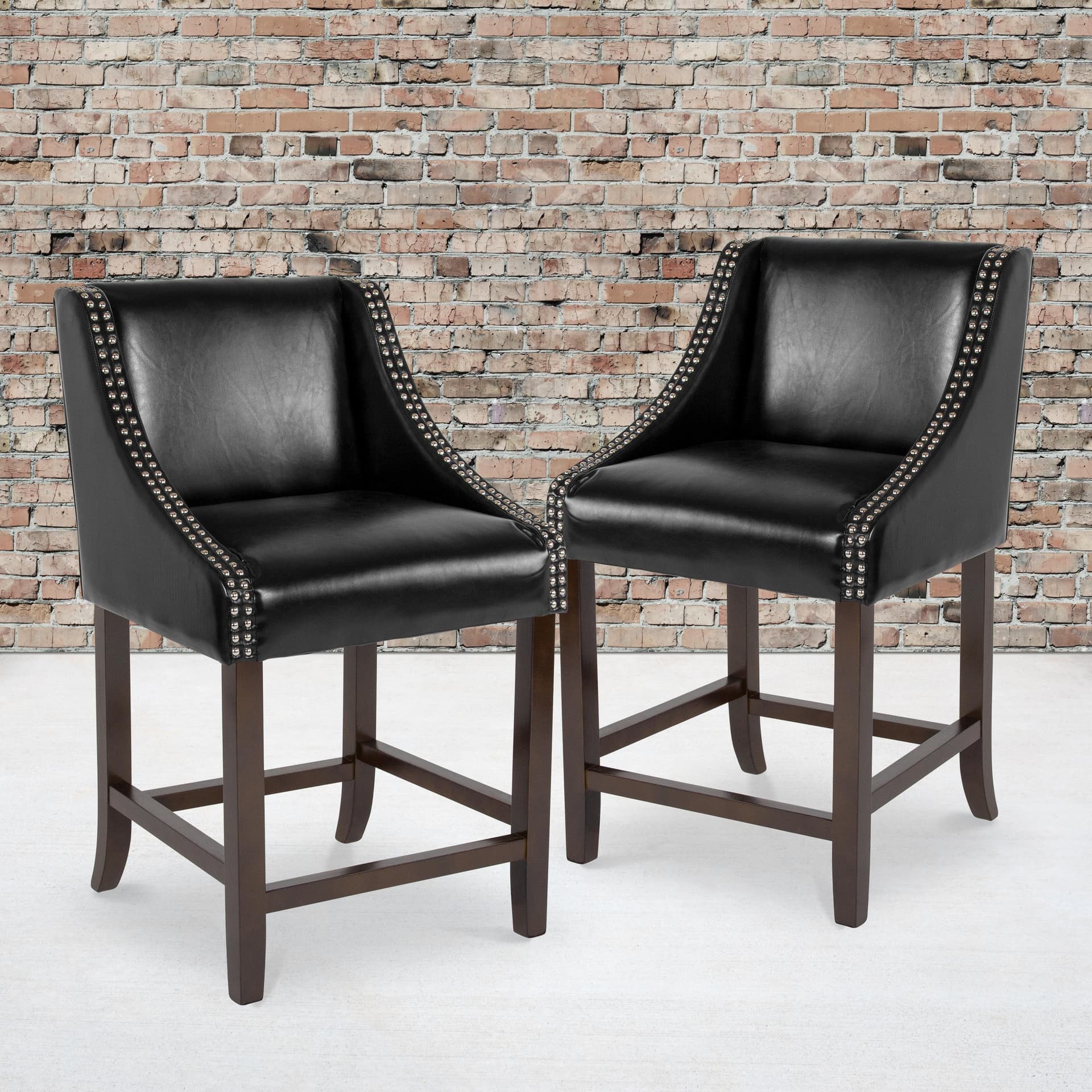 24"H Walnut Counter Stool with Accent Nail Trim - Black LeatherSoft, Set of 2