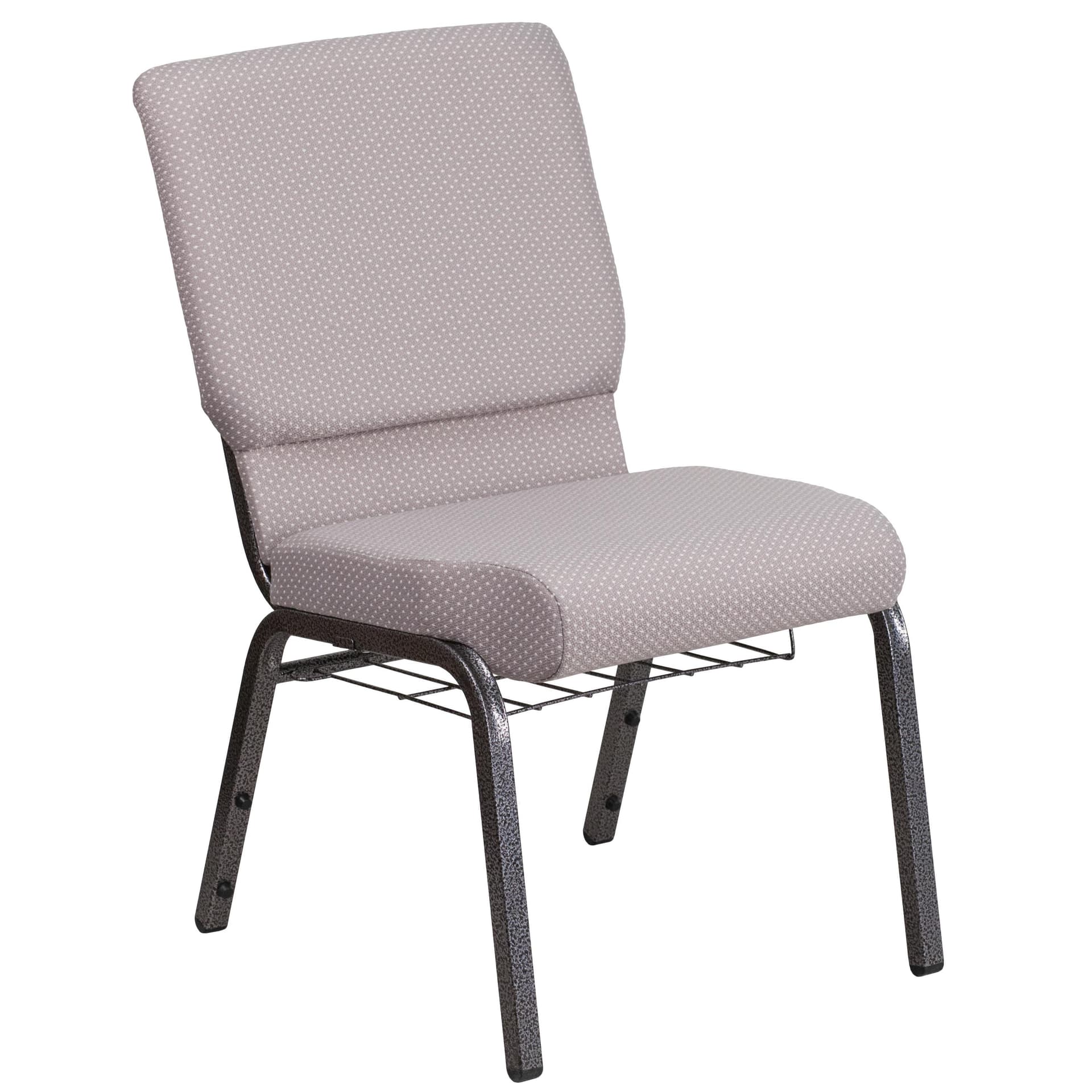18.5"W Church Chair in Gray Dot Fabric with Book Rack - Silver Vein Frame