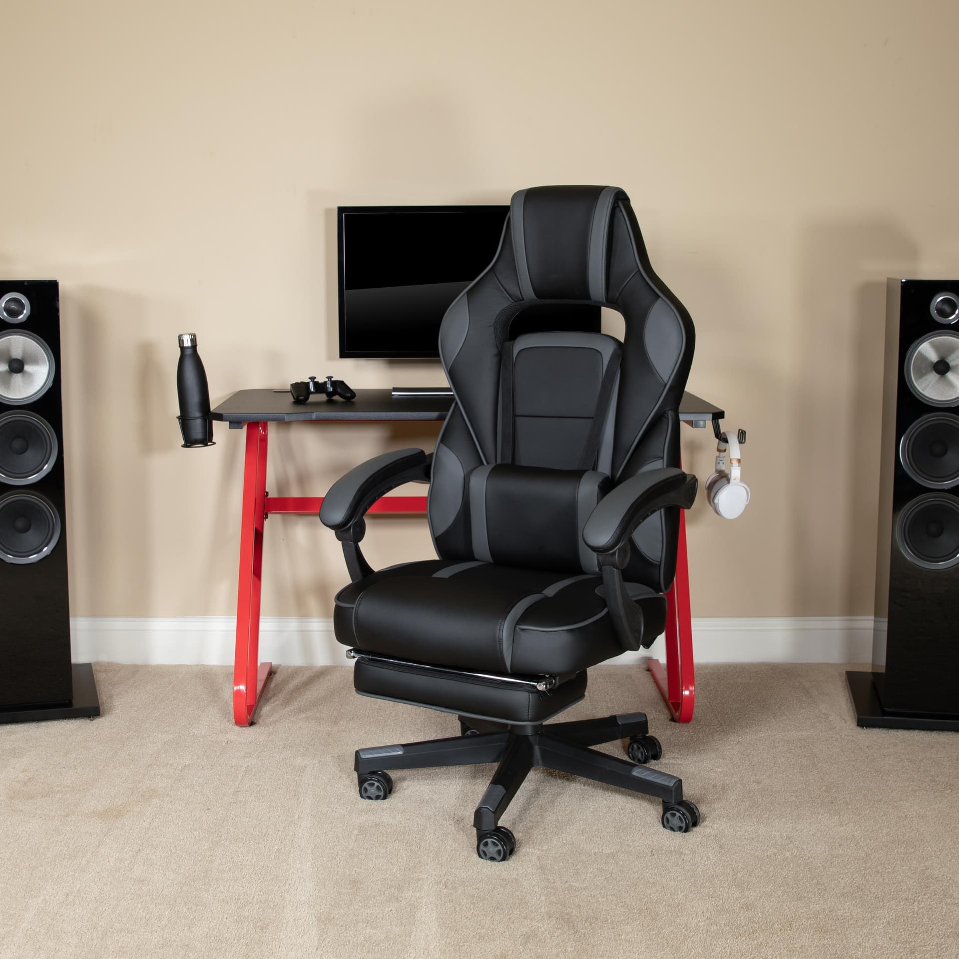 Black/Gray Ergonomic Gaming Chair -Recline Back/Arms, Footrest, Massaging Lumbar