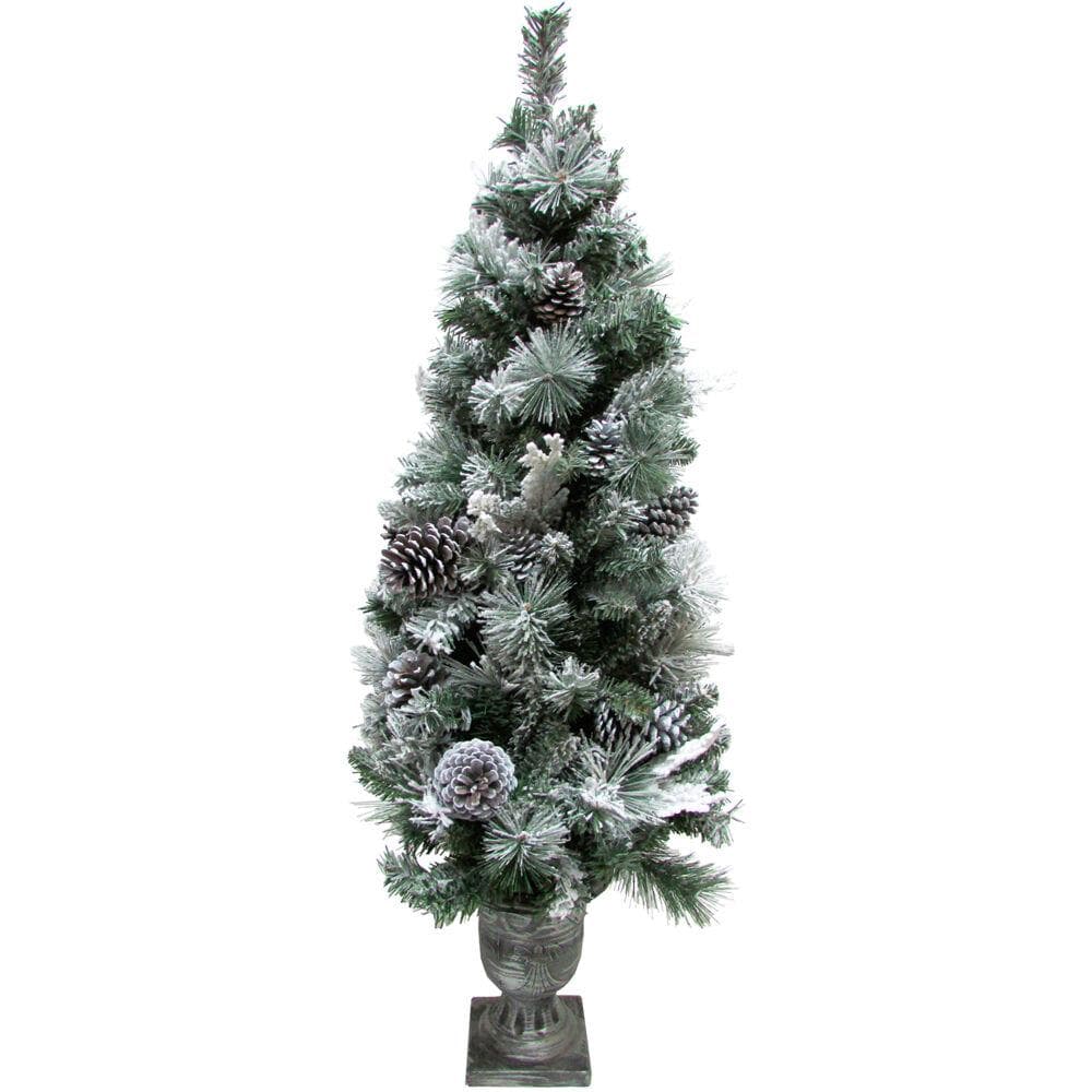 4-Ft. Christmas Snow Flocked Porch Tree with Oversized Pinecones in Ornamental Pot