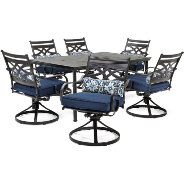 Montclair 7-Piece Dining Set in Navy Blue with 6 Swivel Rockers and a 40" x 67" Dining Table