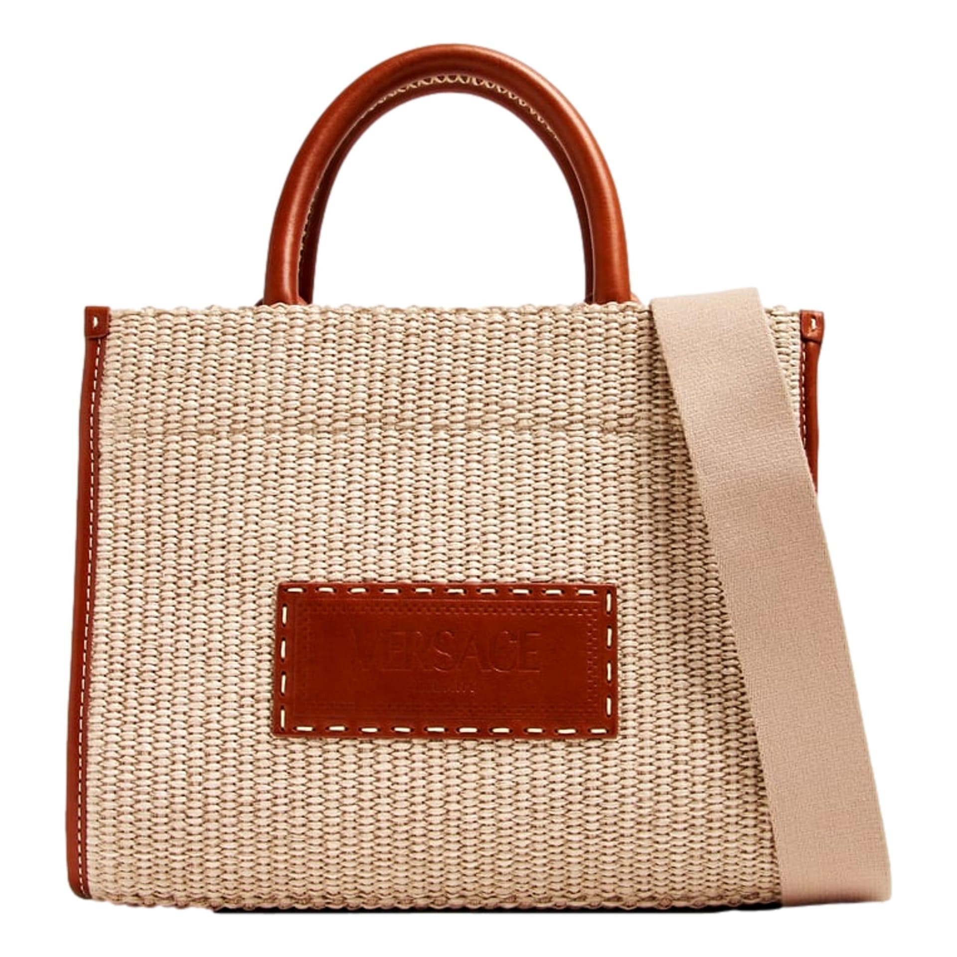 Versace Athena Raffia Leather Small Shopper Tote Beige