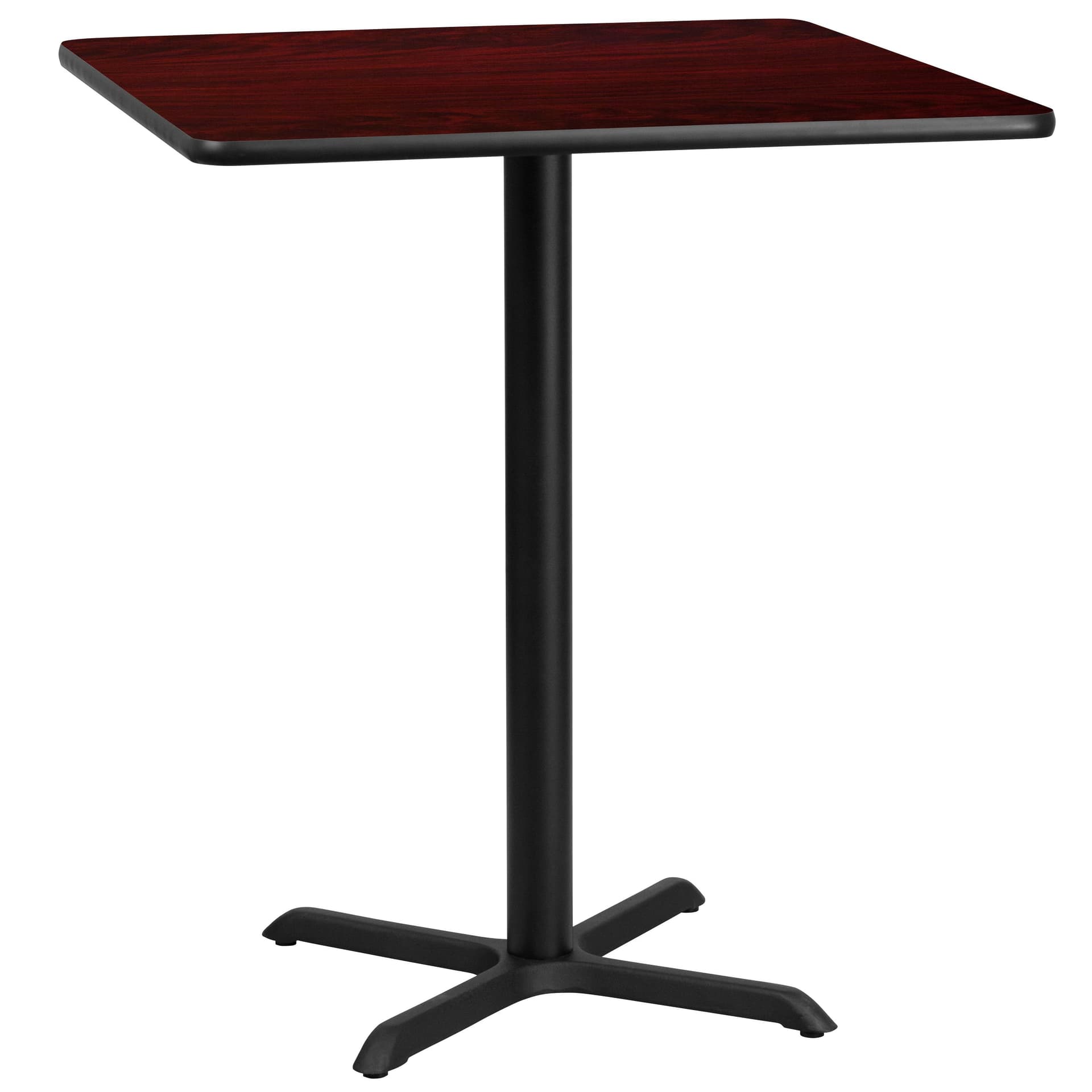 36" Square Mahogany Laminate Table Top with 30" x 30" Bar Height Table Base