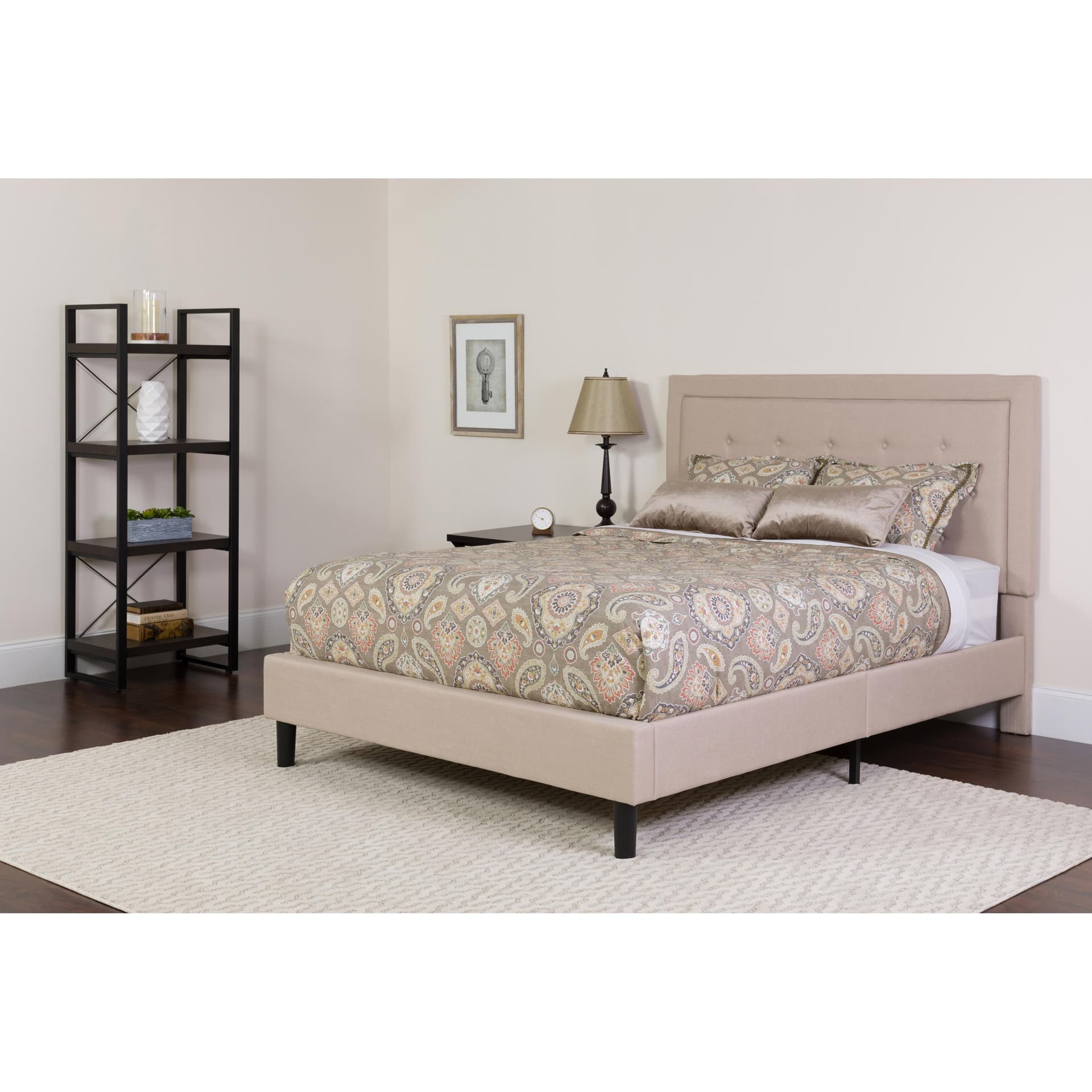 Queen Size Panel Tufted Upholstered Platform Bed in Beige Fabric