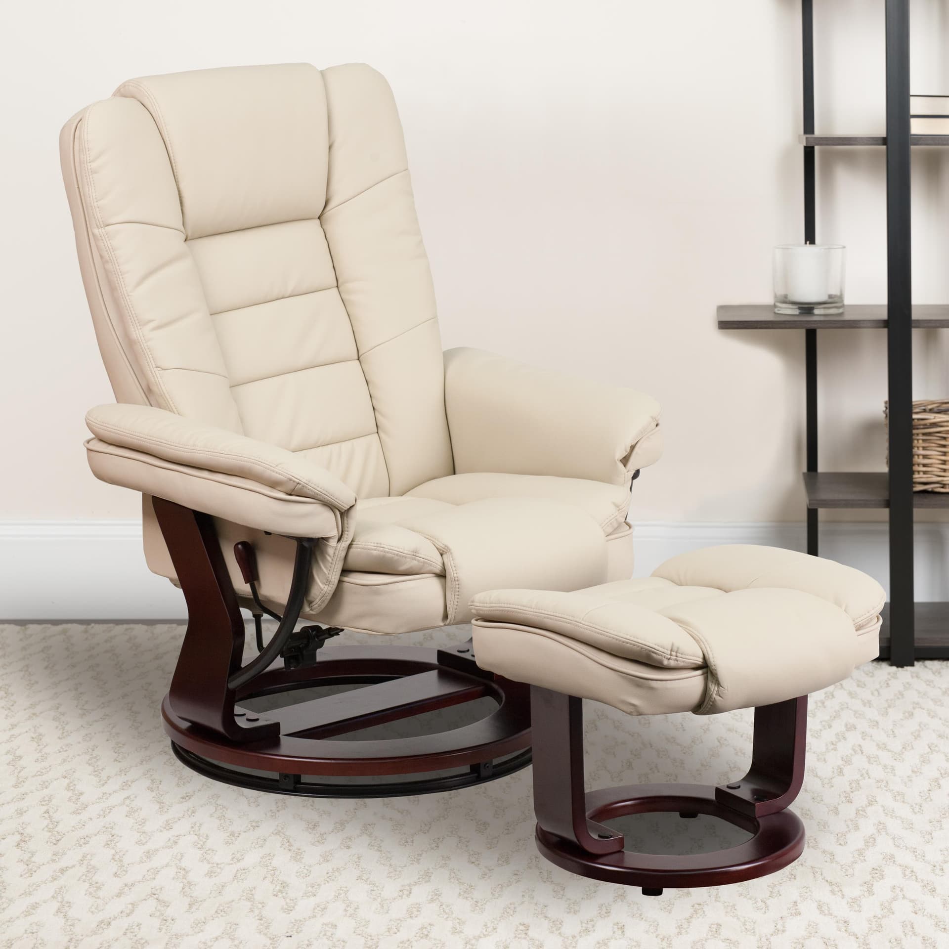 Beige LeatherSoft Multi-Position Recliner &Ottoman w/Swivel Mahogany Wood Base