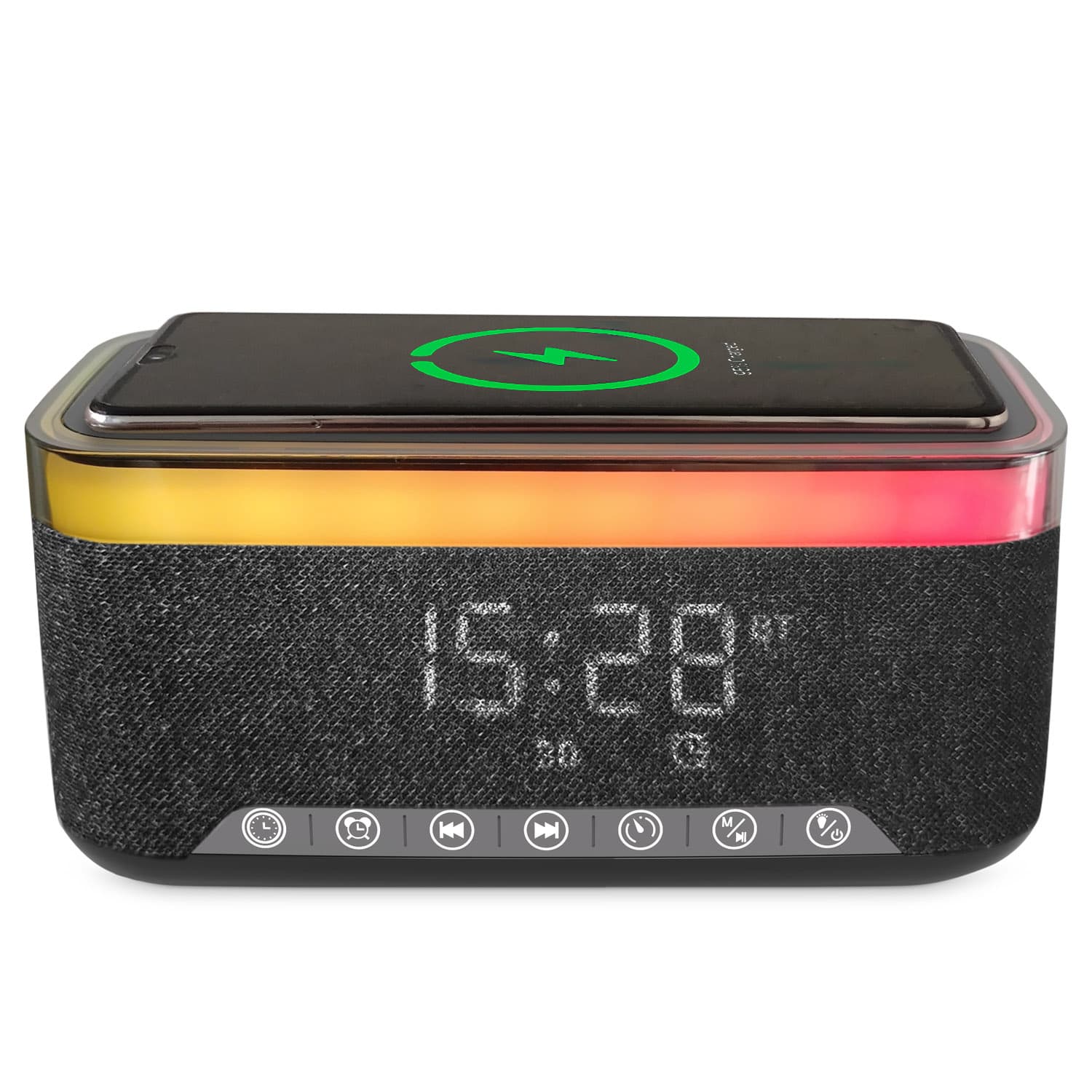 Bluetooth Speaker Alarm Clock w/ 15W Fast Wireless Charging, 13 Night Light modes, Rechargeable Battery, 10W Stereo Speaker, 12/24H Digital Clock, Sleep Timer, White Noise Mode, US