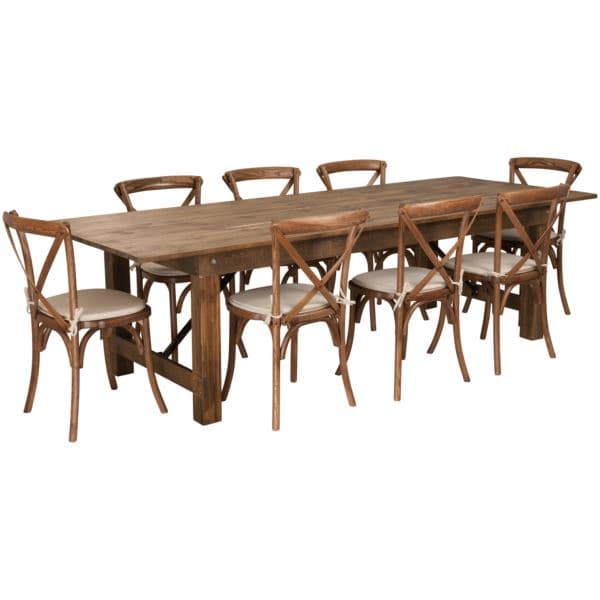 9' x 40" Rustic Folding Farm Table Set with 8 Cross Back Chairs and Cushions