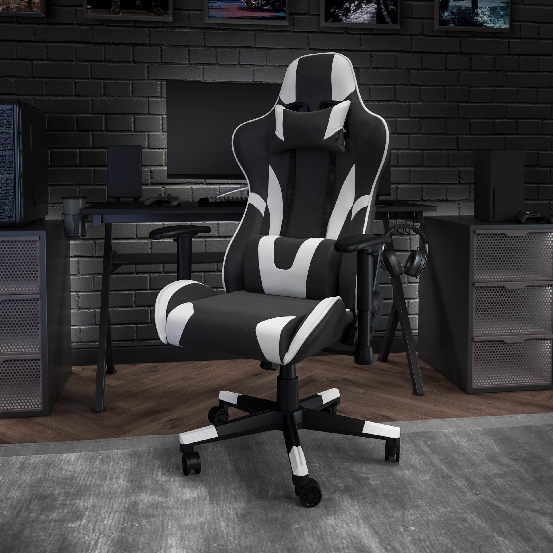 Racing Gaming Ergonomic Chair with Fully Reclining Back in Black LeatherSoft