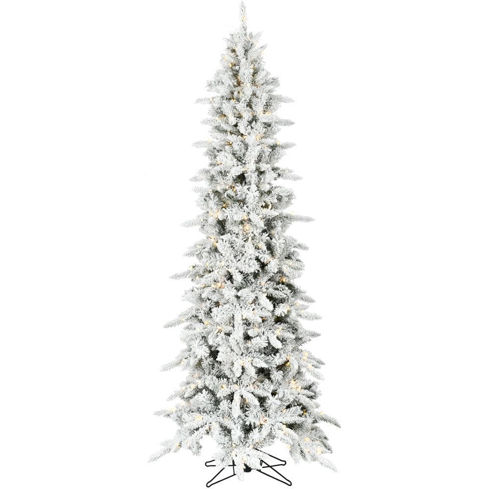 Fraser Hill Farm 7.5-Ft. Slim Mountain Pine Flocked Artificial Christmas Tree with Warm White LED Li