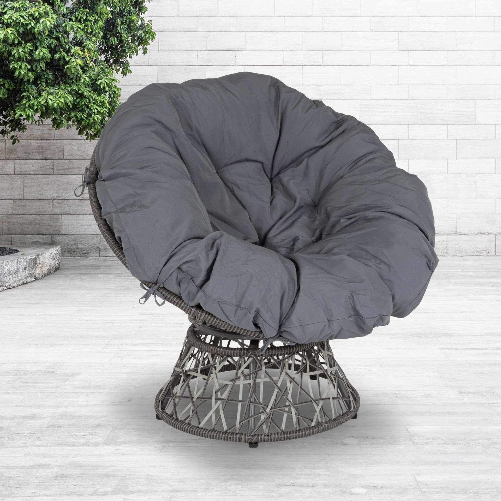 Swivel Patio Papasan Lounge Chair with Dark Gray Cushion - Accent Chair