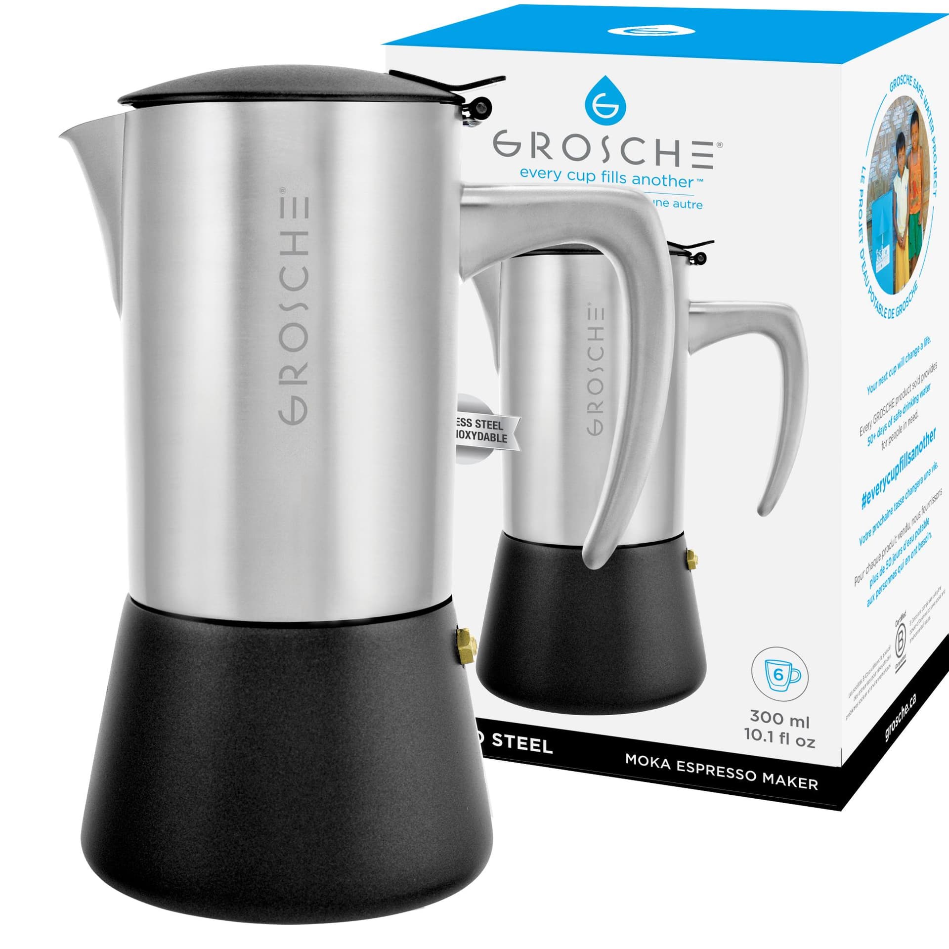 Grosche Milano Steel Stovetop Espresso Maker 6-cup Steel Black