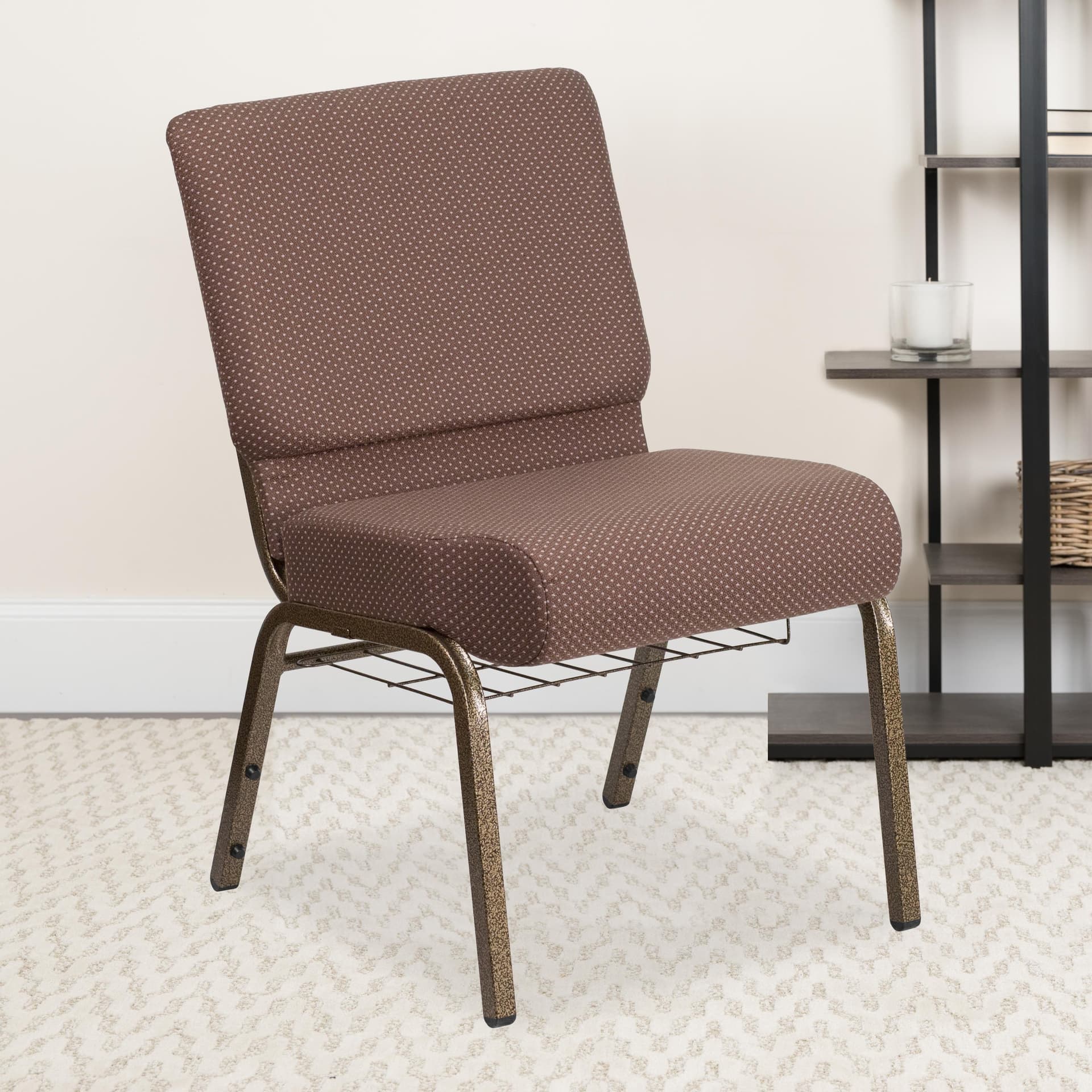 21"W Church Chair in Brown Dot Fabric with Book Rack - Gold Vein Frame