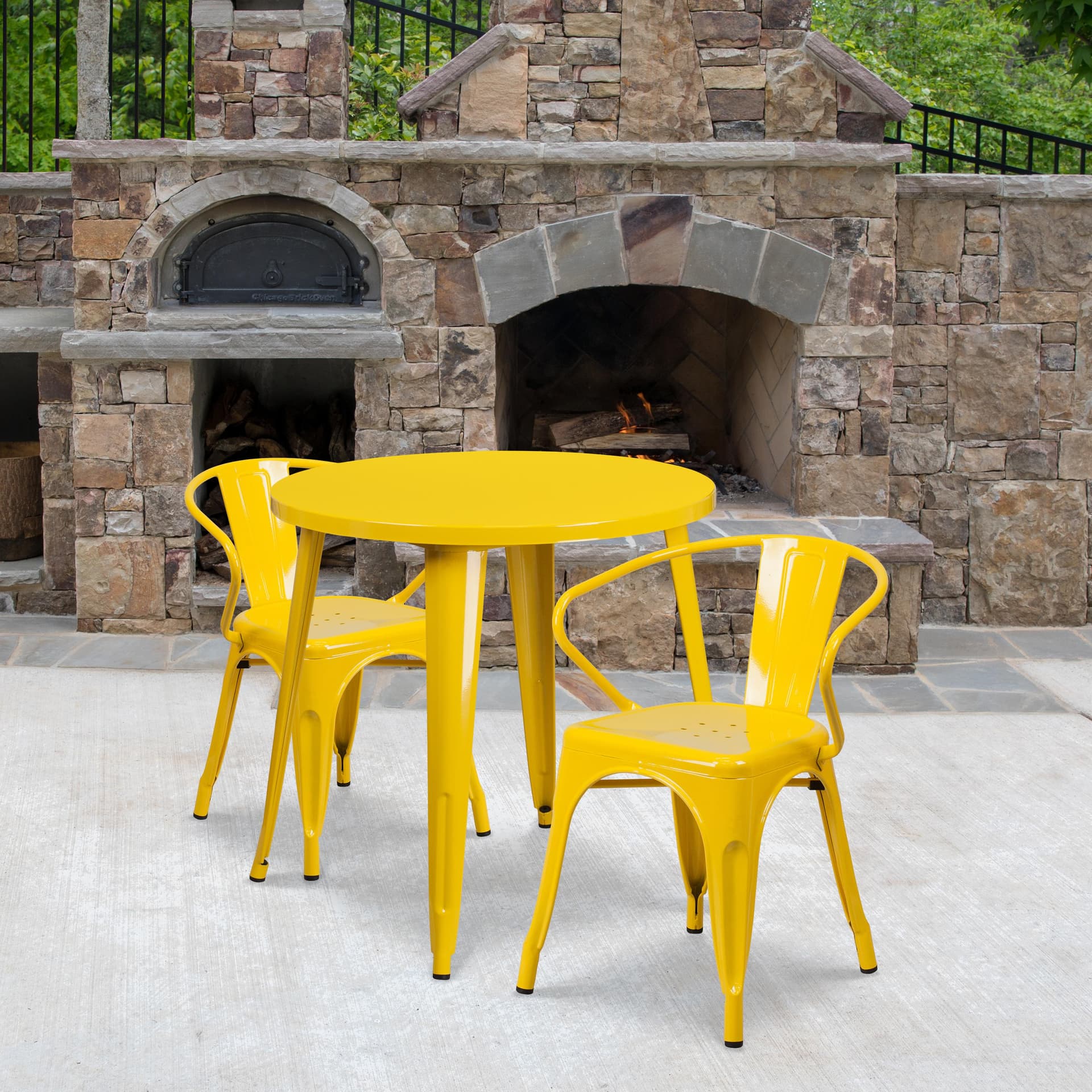 30" Round Yellow Metal Indoor-Outdoor Table Set with 2 Arm Chairs