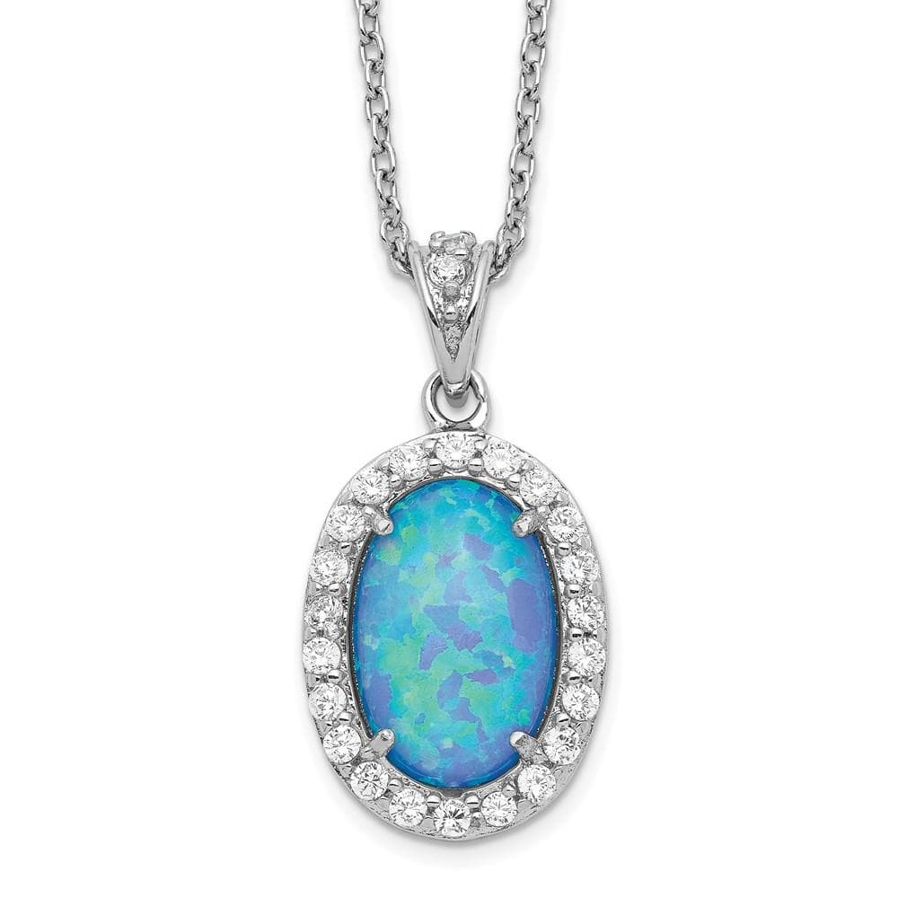 Sterling Silver Cheryl M Rhodium Plated CZ & Created Blue Opal Oval Necklace
