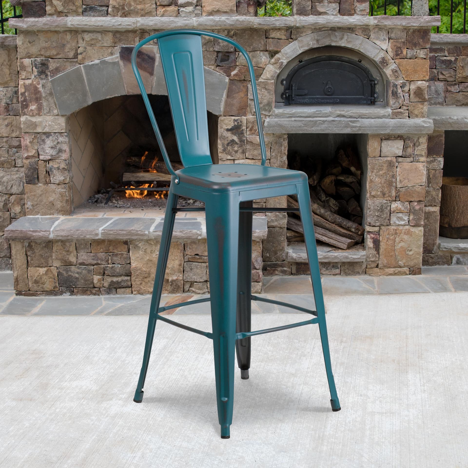 30" High Distressed Kelly Blue-Teal Metal Indoor-Outdoor Barstool with Back