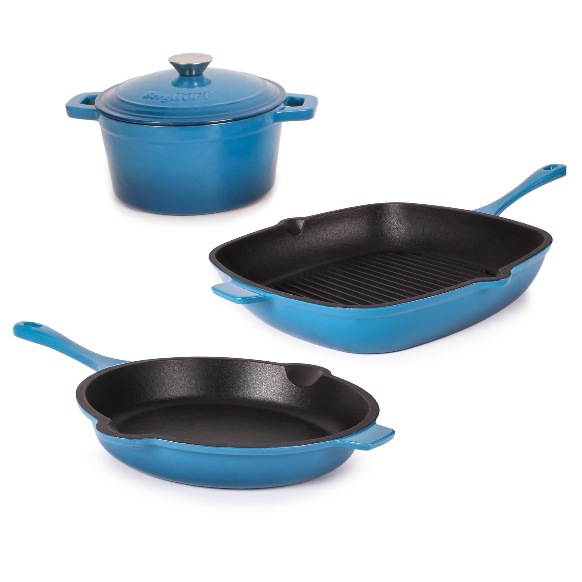 Neo 4pc Cast Iron Cookware Set, Fry Pan, Grill Pan & Round Dutch Oven, Blue
