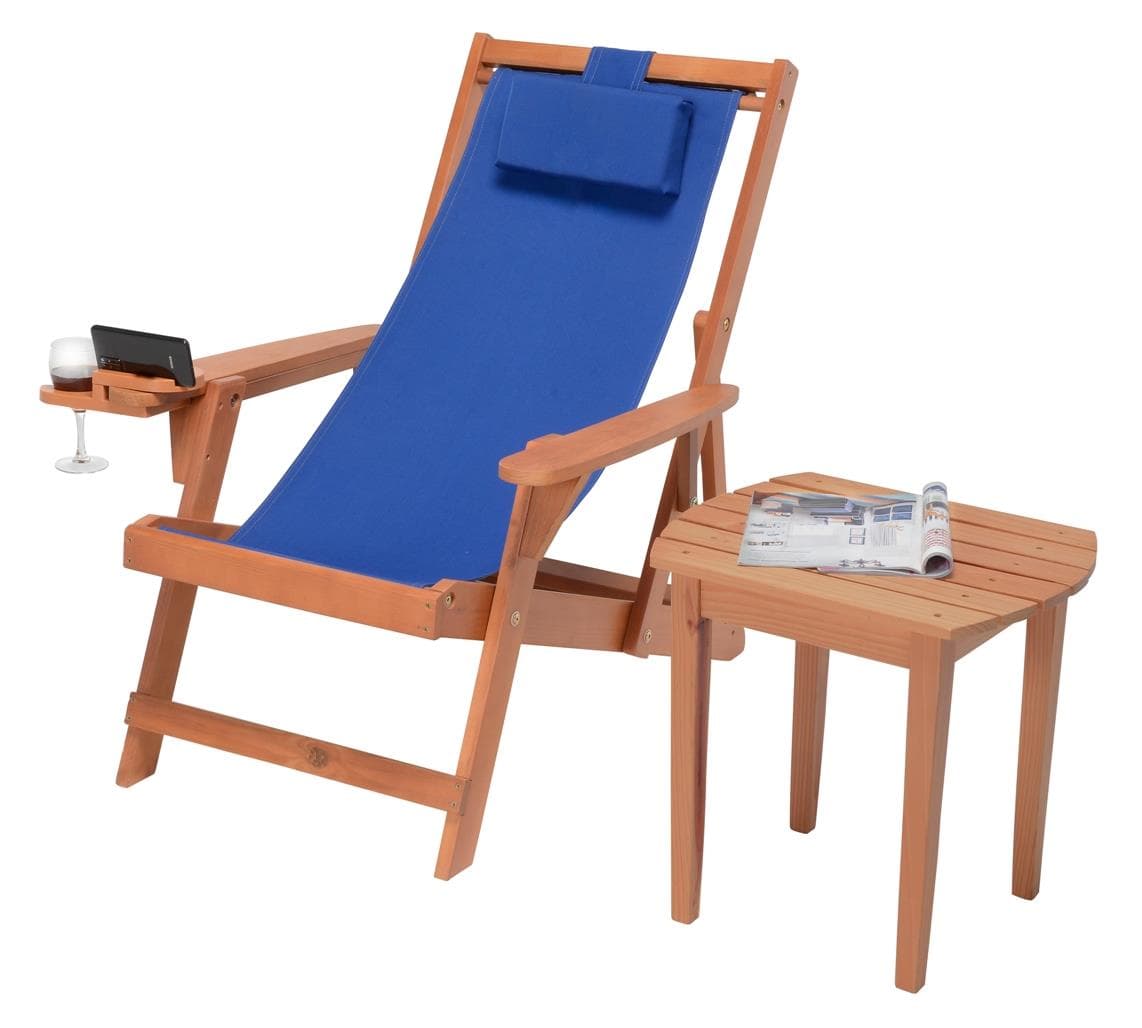 Romantic Collection - Canvas Sling Chair w/Beverage Holder & End Table - Walnut, Blue
