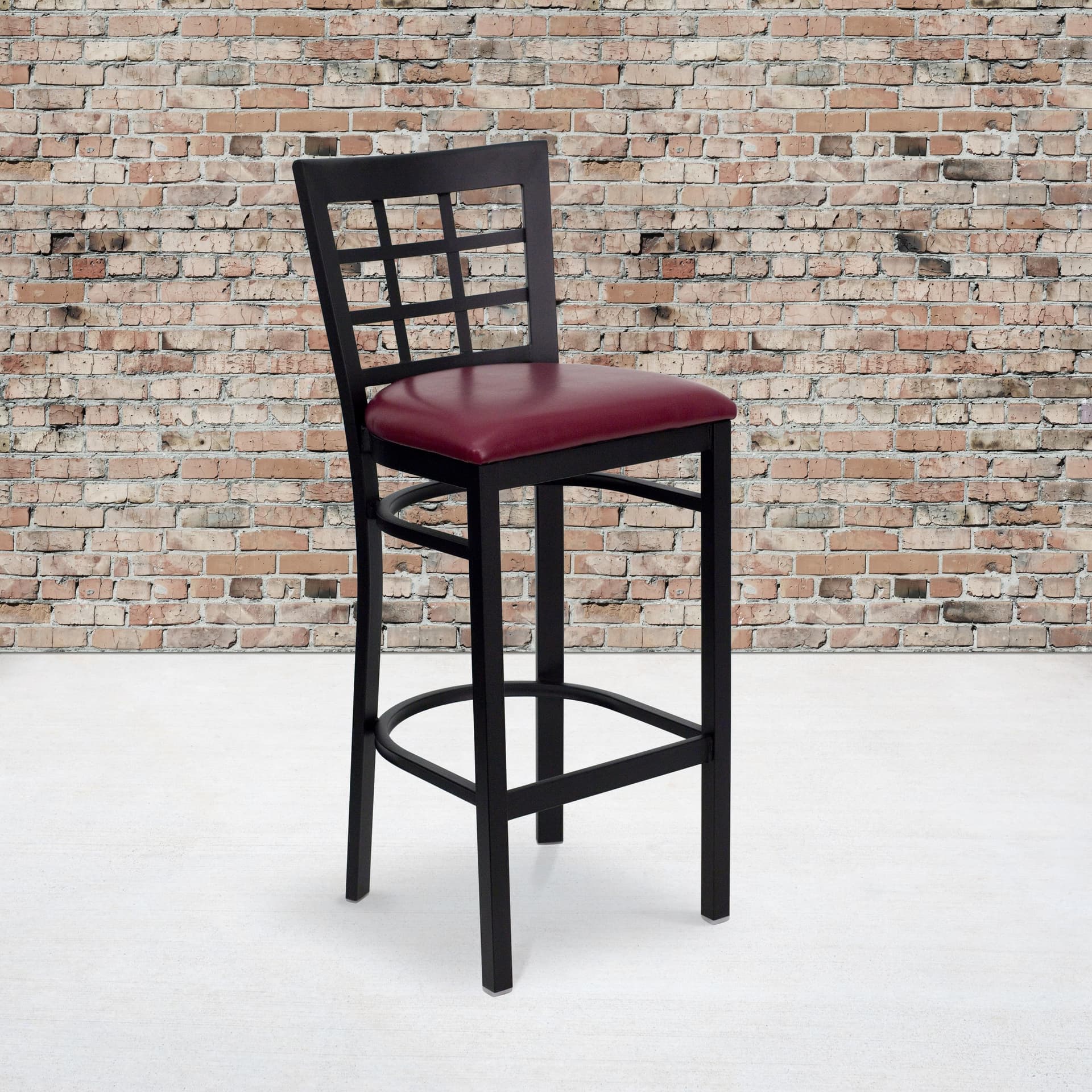Black Window Back Metal Restaurant Barstool - Burgundy Vinyl Seat