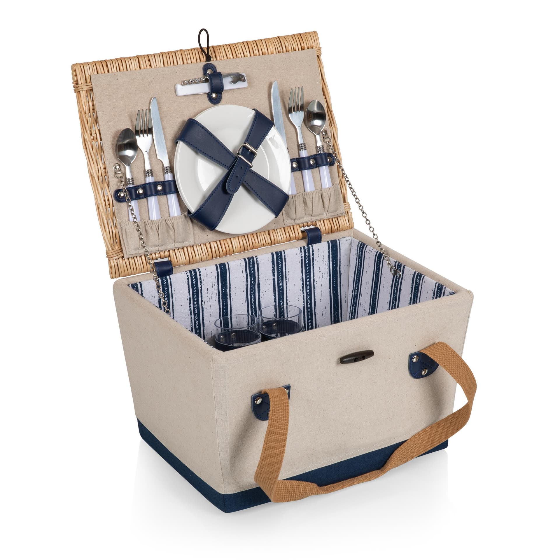 Boardwalk Picnic Basket for 2 - Beige Canvas with Navy Blue Accents