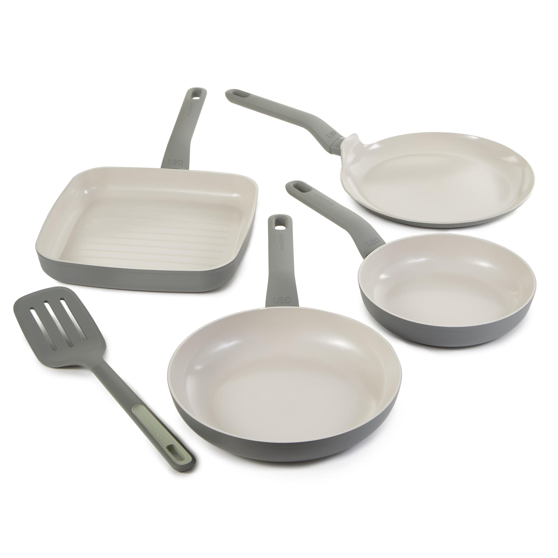 Leo Balance 5Pc Non-Stick Ceramic Cookware Set With Slotted Turner, Recycled Material, Moonmist