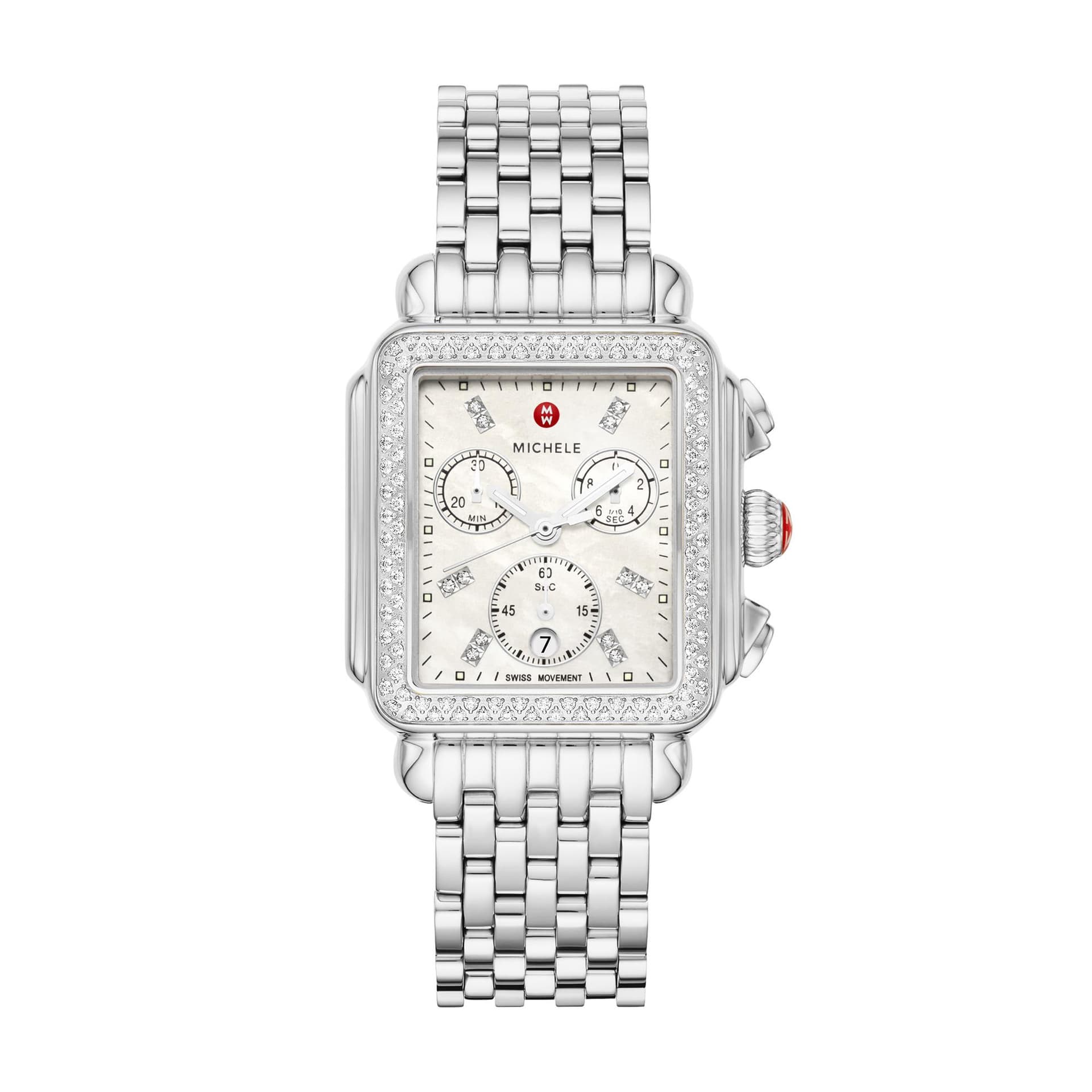 Ladies' Deco Silver-Tone Stainless Steel Diamond Watch Mother-of-Pearl Dial