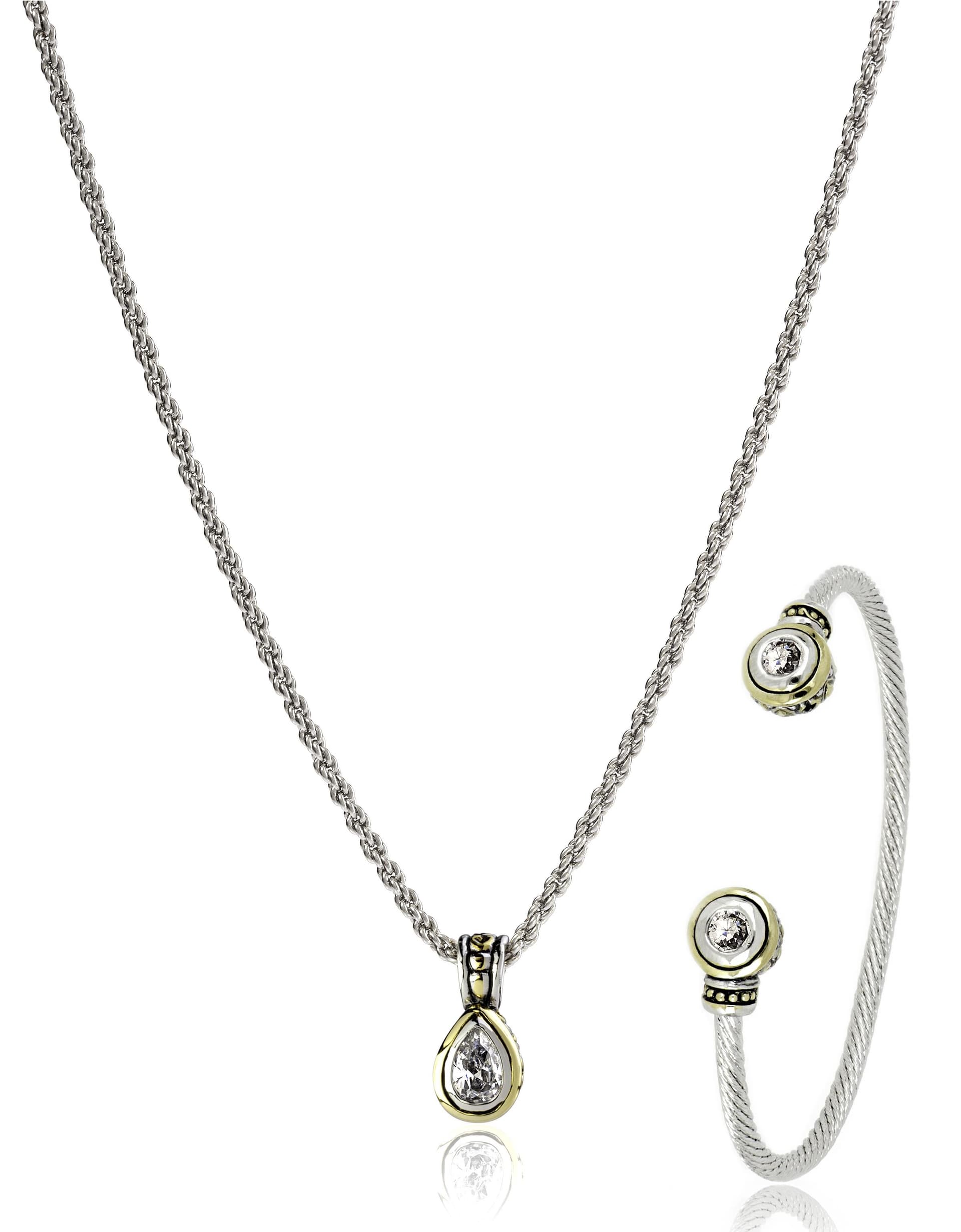 Beijos 9X6mm Pear Shape Bezel Set Pendant & Small Cuff Bracelet, Clear CZ. N5020-AF05 & B5029-AF00