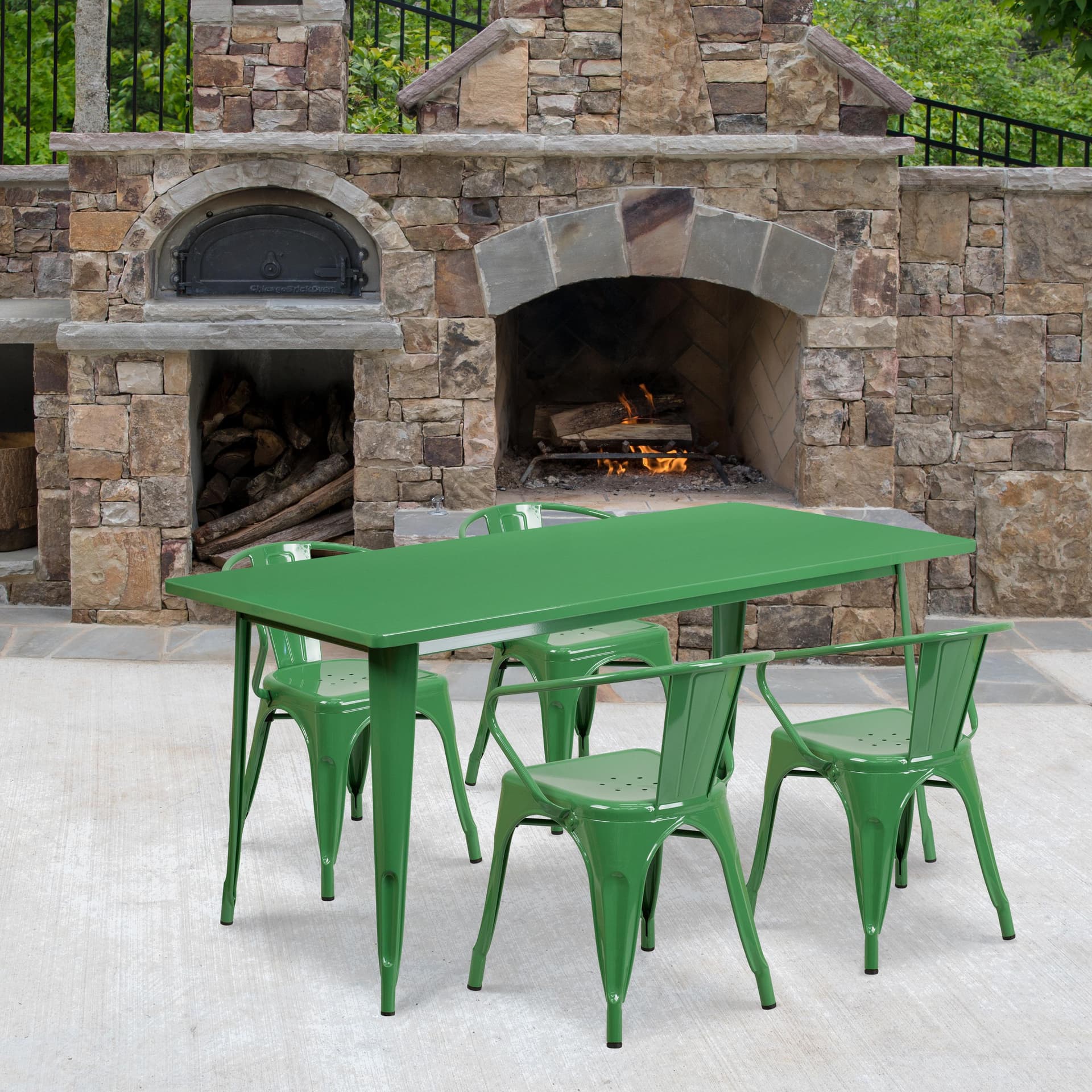 31.5" x 63" Rectangular Green Metal Indoor-Outdoor Table Set with 4 Arm Chairs