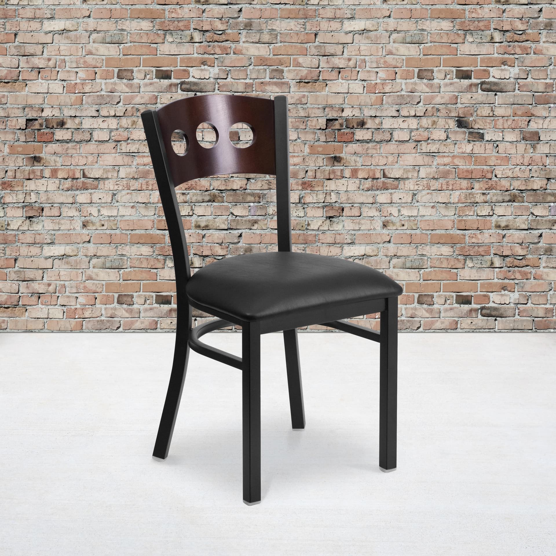 Black 3 Circle Back Metal Restaurant Chair - Walnut Wood Back, Black Vinyl Seat