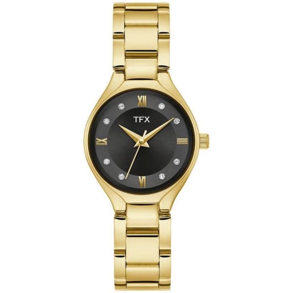 Ladies' TFX Gold-Tone Stainless Steel Watch w/ Crystal Markers Black Dial