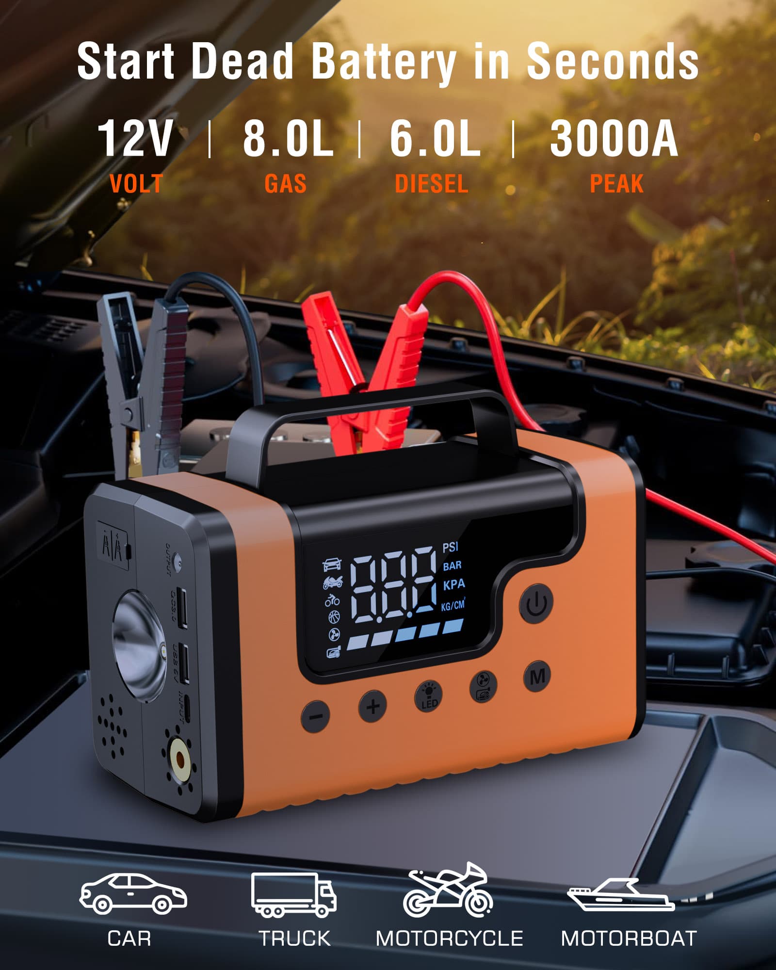 Vehicle Jump Starter w/Air Compressor, Vacuum Cleaner, Blower, Power Bank, Flashlight/SOS/Strobe, more!