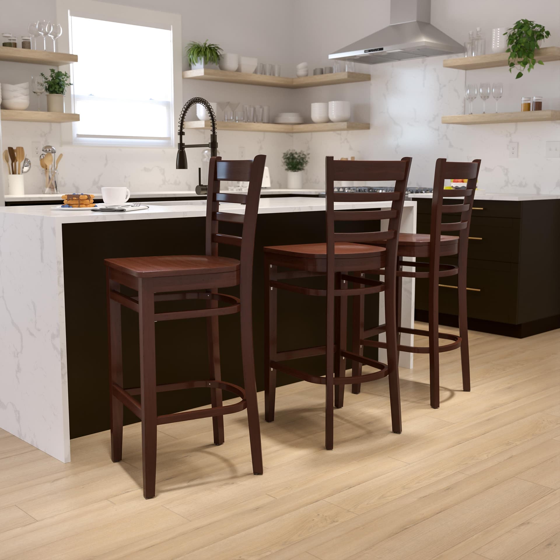 Ladder Back Mahogany Wood Restaurant Barstool