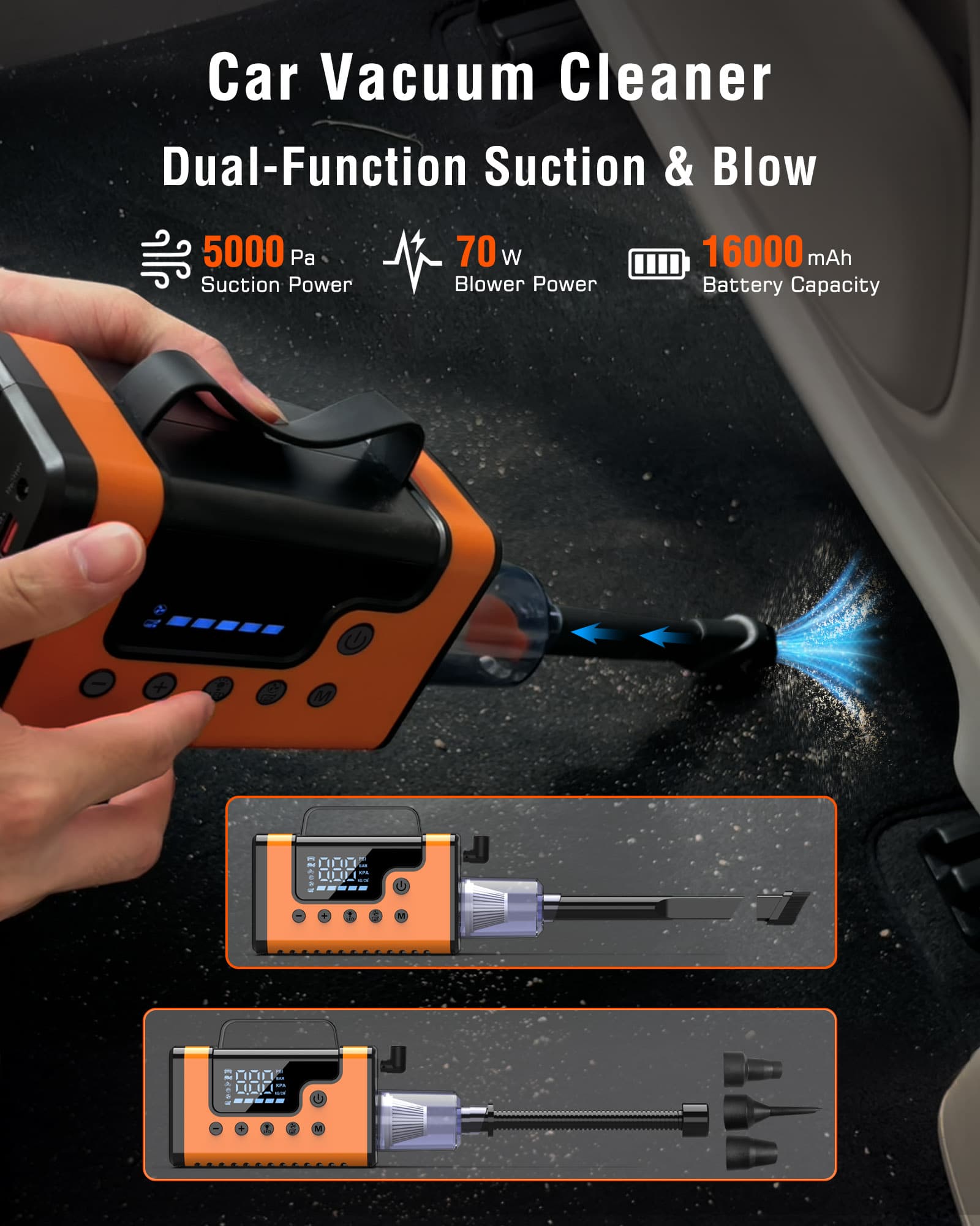 Vehicle Jump Starter w/Air Compressor, Vacuum Cleaner, Blower, Power Bank, Flashlight/SOS/Strobe, more!