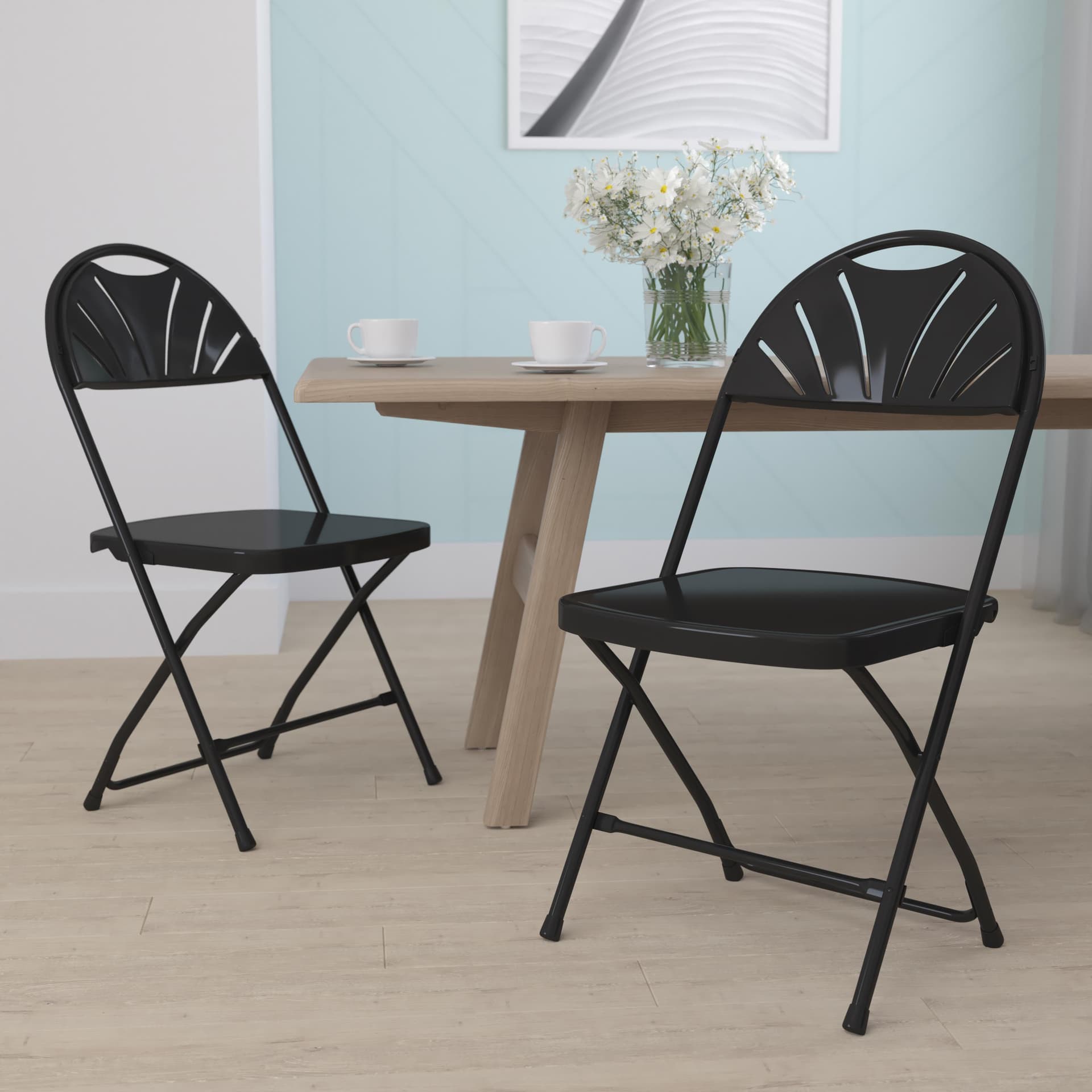 2PK 650 lb. Rated Black Plastic Fan Back Folding Chair