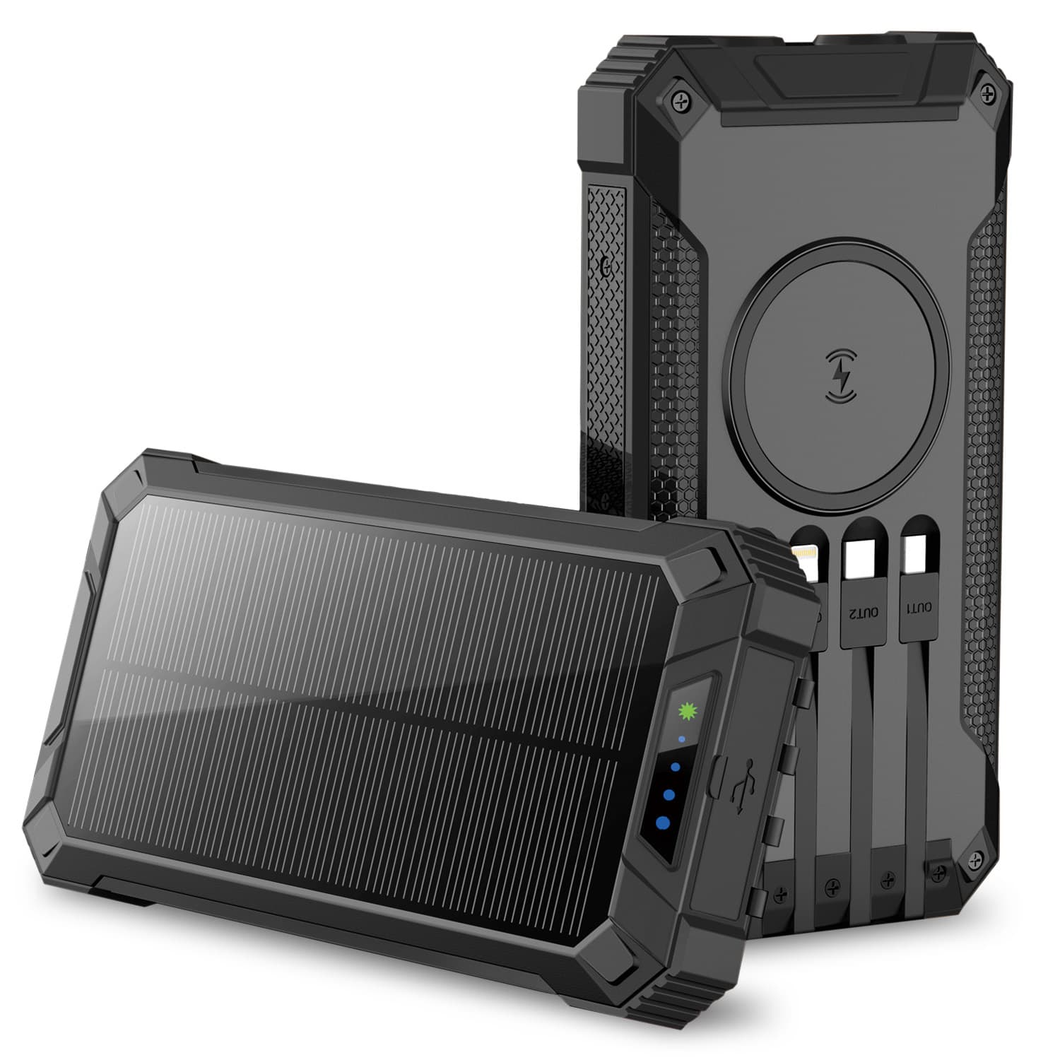 Portable Power Bank w/ Wireless Charging, Built-in 4 Cables, Solar Panel, 20000mAh Battery, IP65 Waterproof, Dustproof, Dual LED Flashlight, Great for iPhone, Samsung, Smart Phones