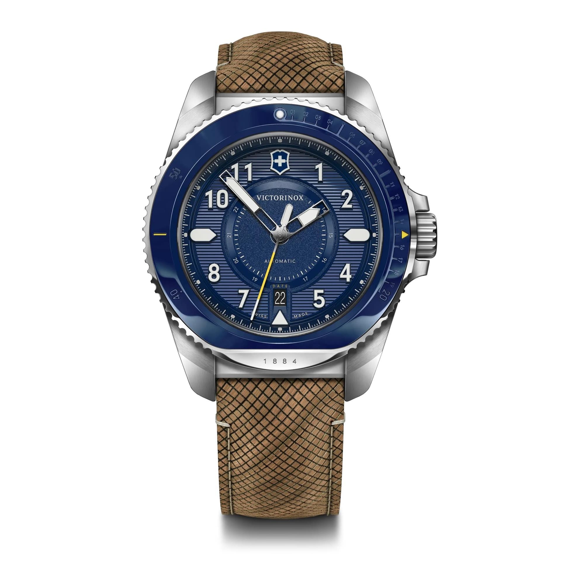 Journey 1884 Auto 43mm, silver stainless steel case, blue bezel, blue dial, brown structured strap