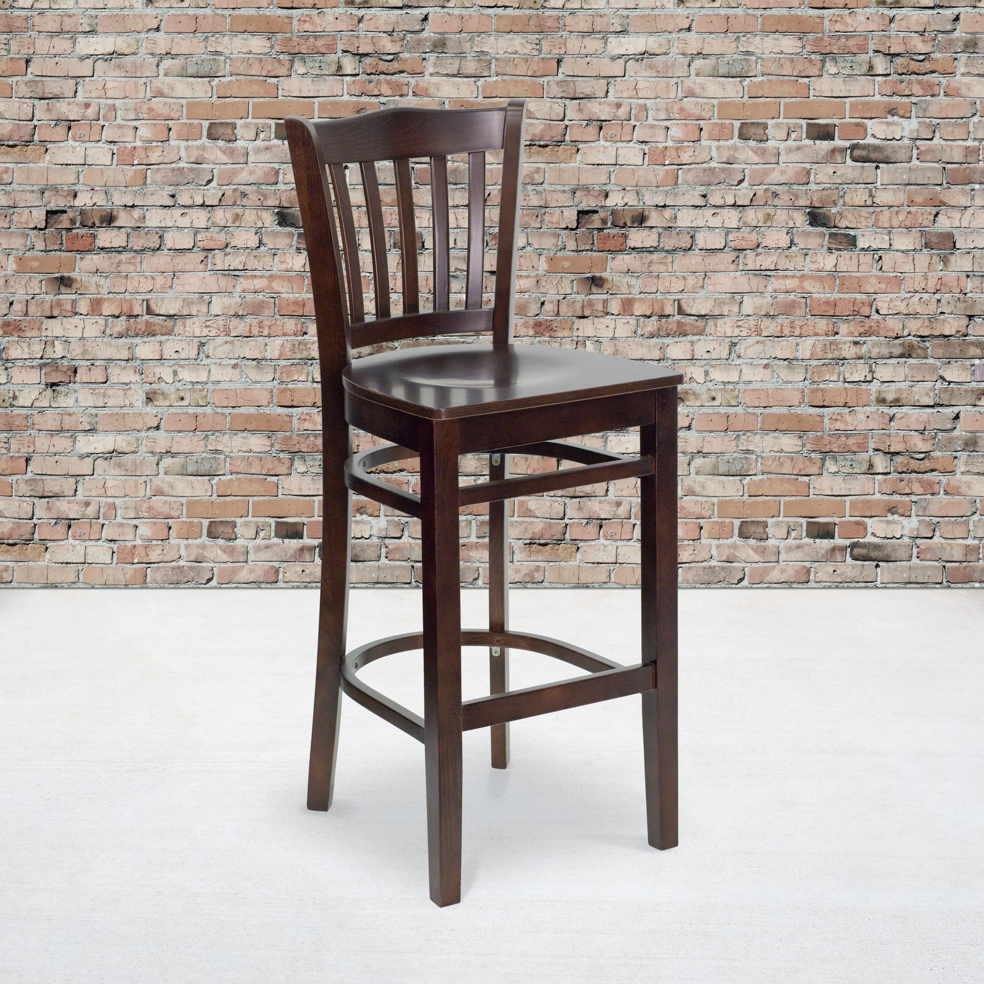 Vertical Slat Back Walnut Wood Restaurant Barstool with Footrest