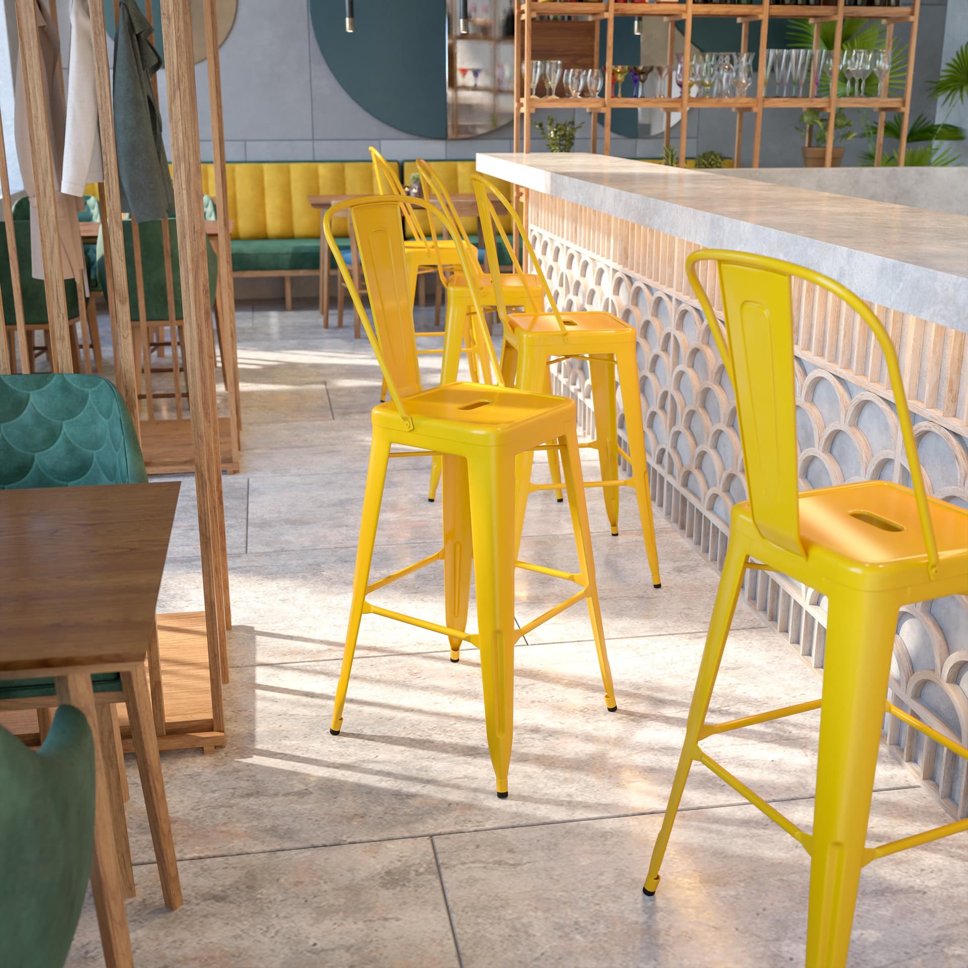 30" High Yellow Metal Indoor-Outdoor Barstool with Back