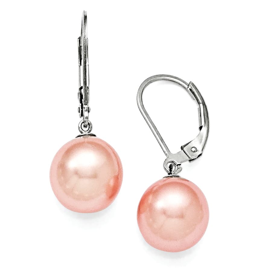 Sterling Silver Majestik 10-11mm Round Pink Shell Bead Lever back Earrings