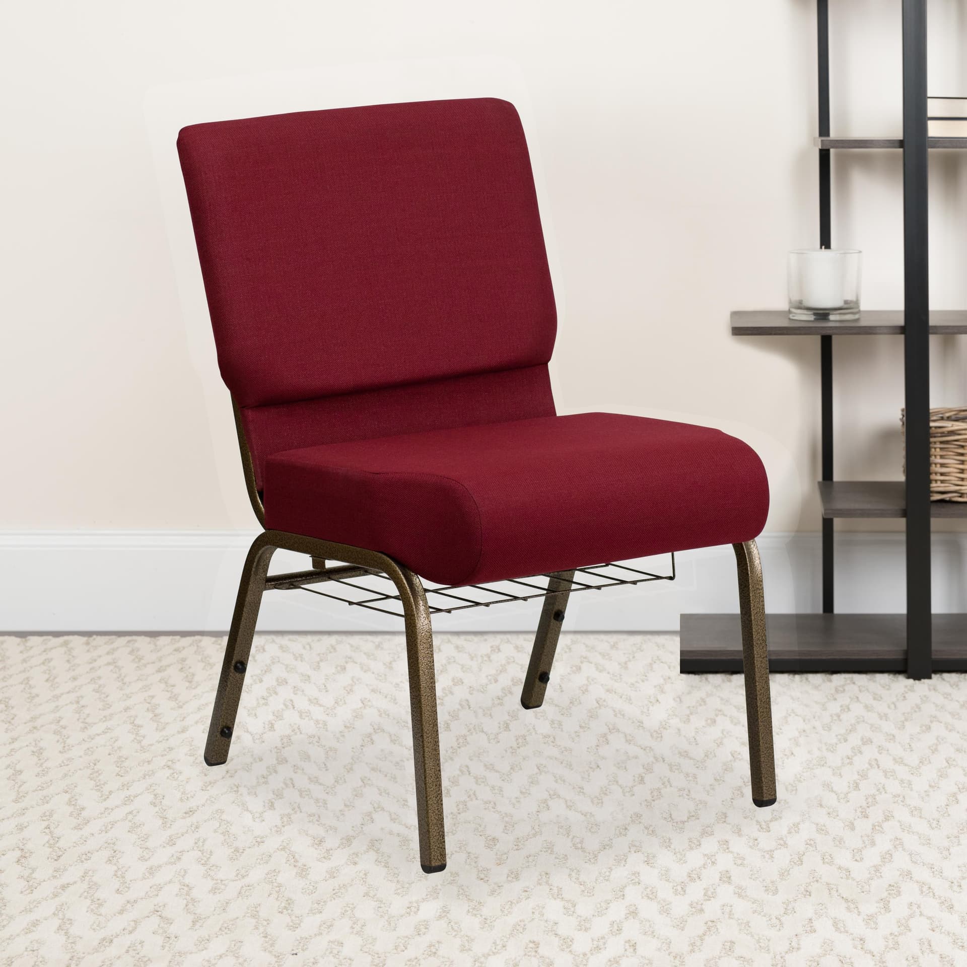 21"W Church Chair in Burgundy Fabric with Cup Book Rack - Gold Vein Frame