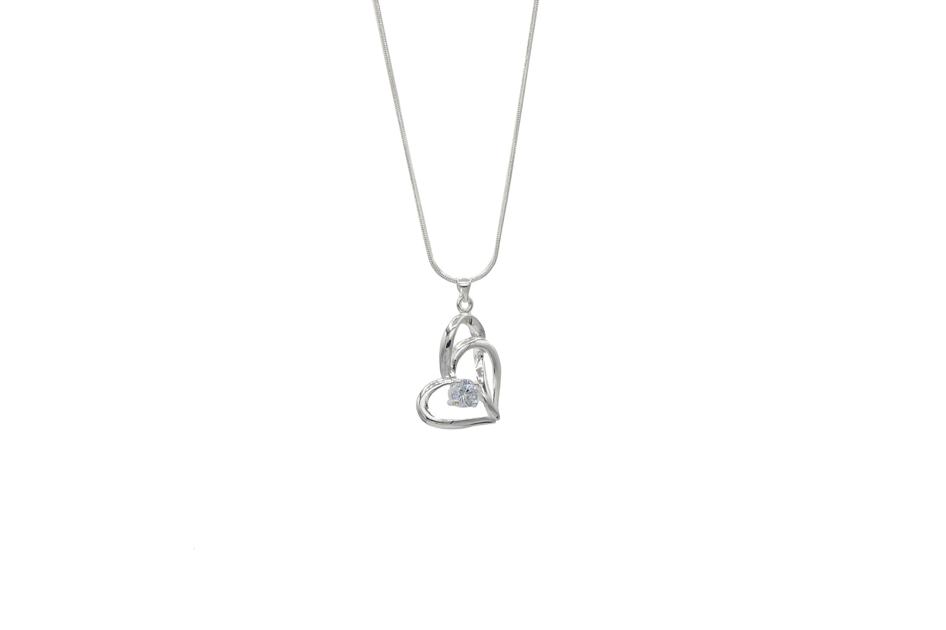 Silver Plate Double Heart with 1.25 CT CZ Stone Necklace