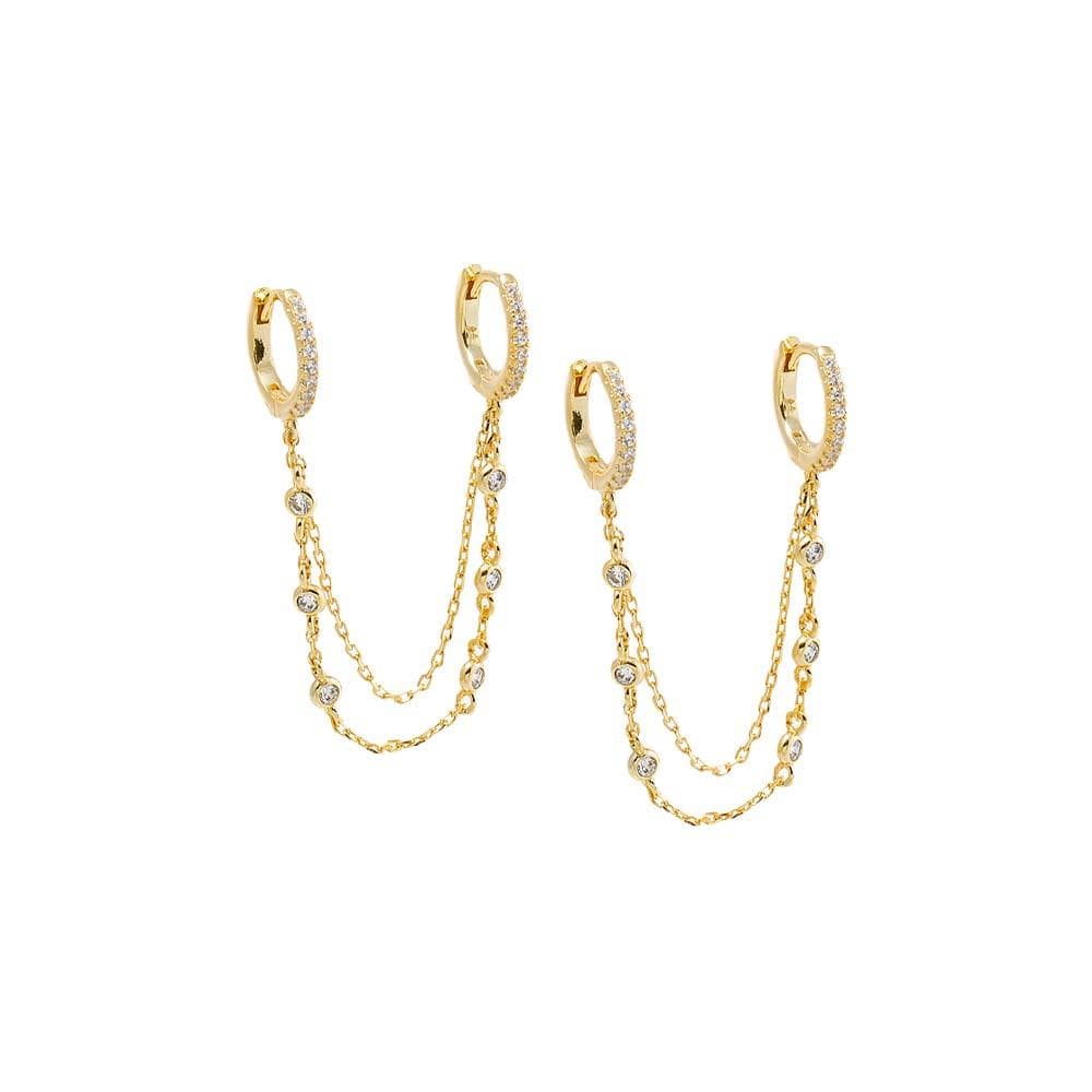 CZ Bezel Double Chain Huggie Earring