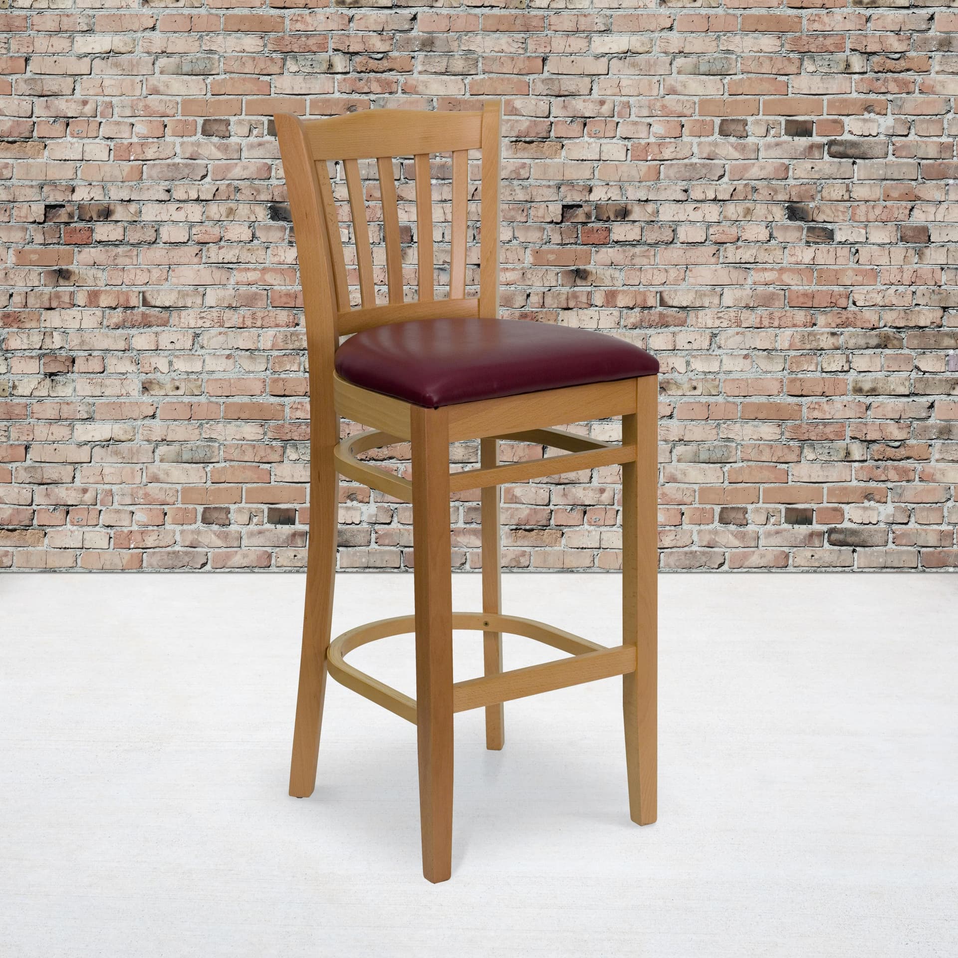 Vertical Slat Back Natural Wood Restaurant Barstool - Burgundy Vinyl Seat