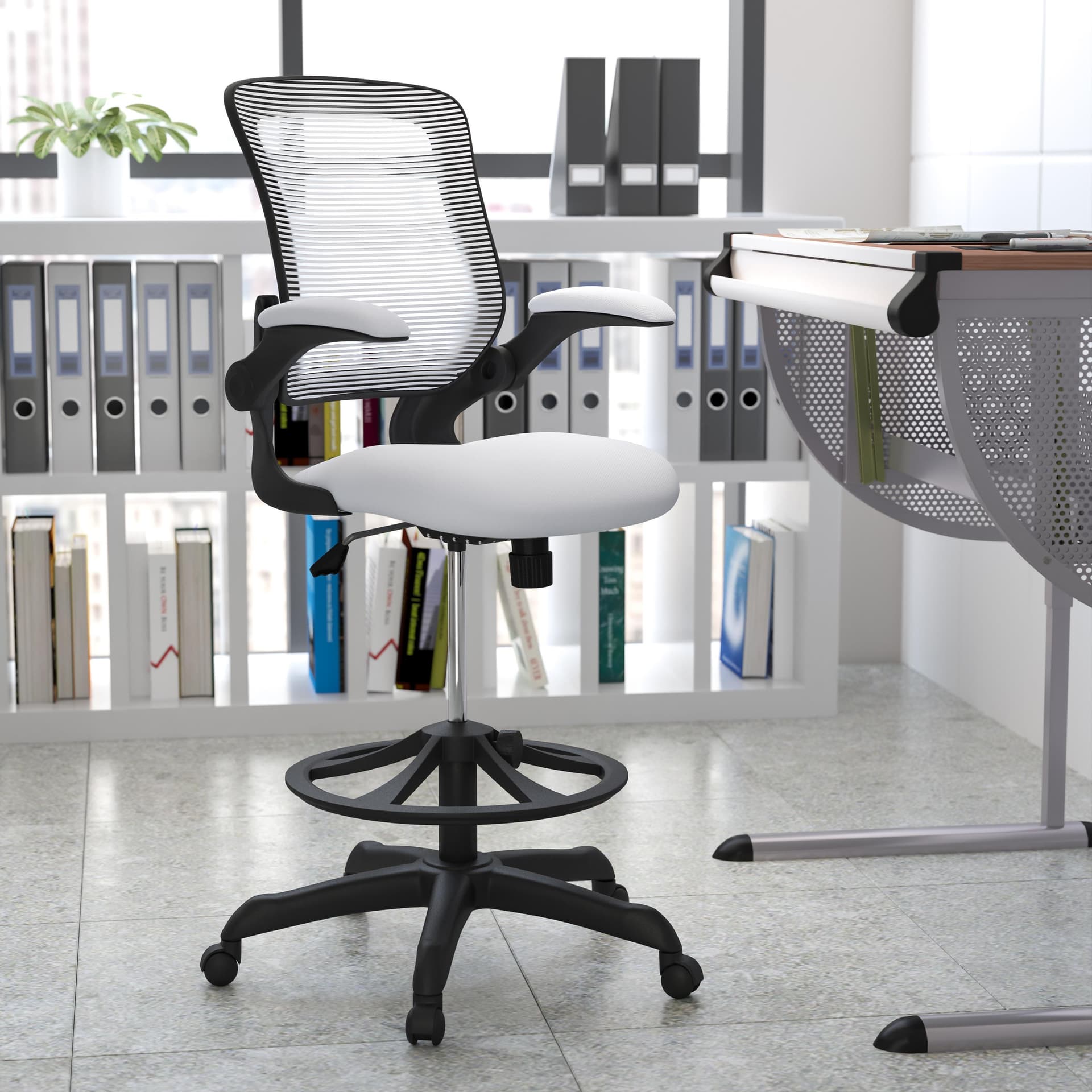 Mid-Back White Mesh Ergonomic Drafting Chair with Foot Ring and Flip-Up Arms