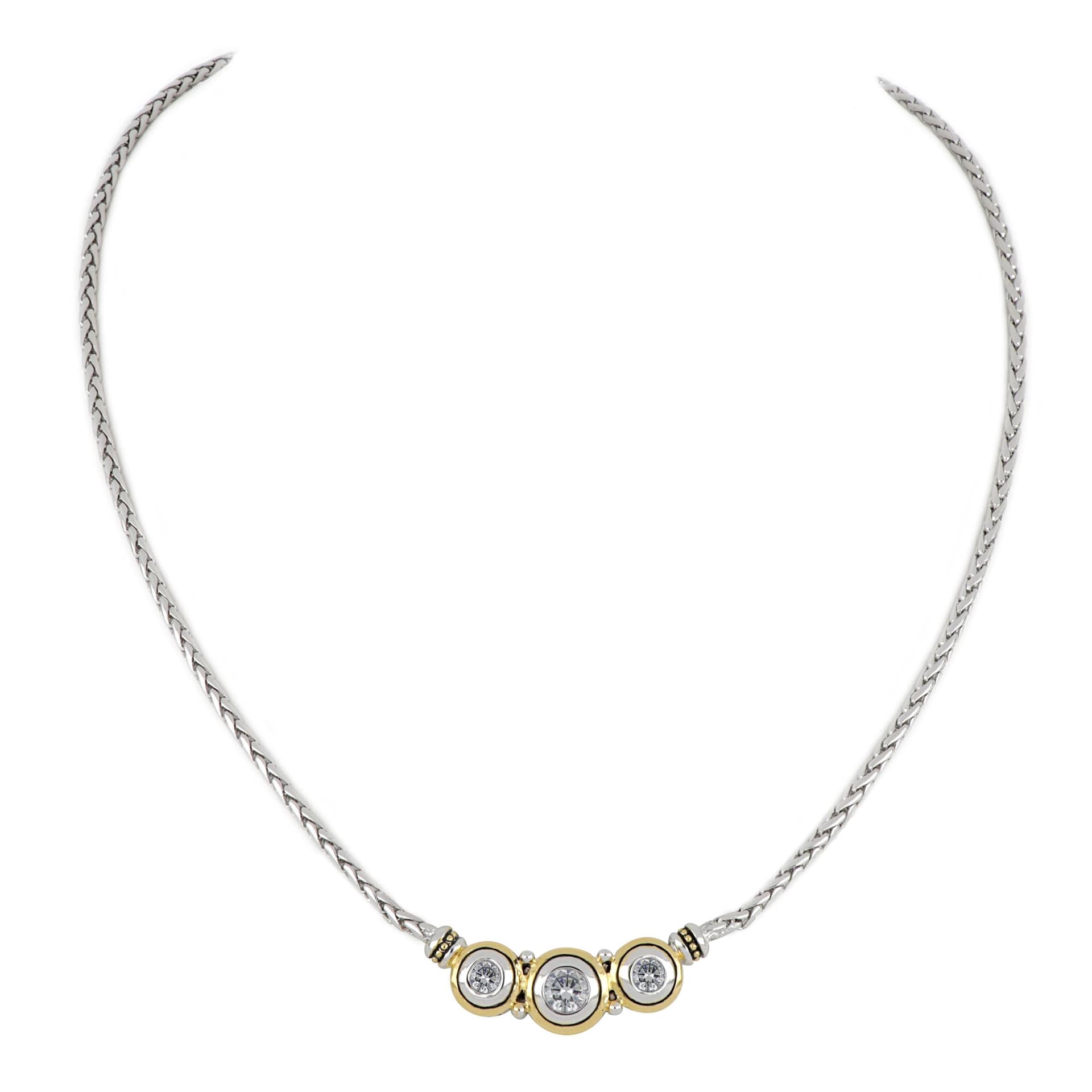 Beijos Three Stone Necklace, Clear CZs. 16" L. Center Motif 1-3/8"Wx3/8"H.