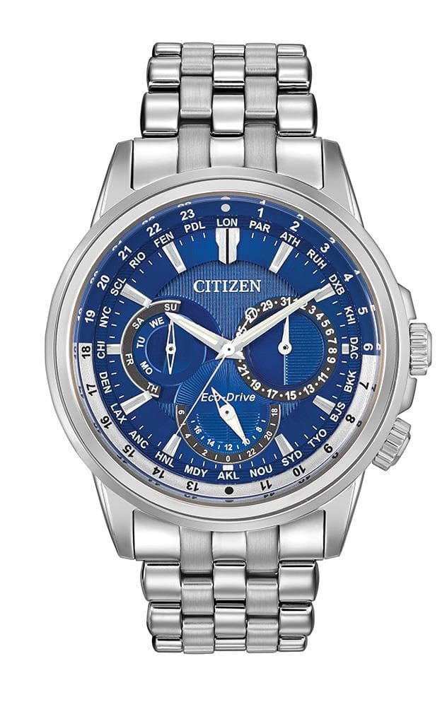 Mens Calendrier Eco-Drive World Time Silver-Tone Watch Blue Dial