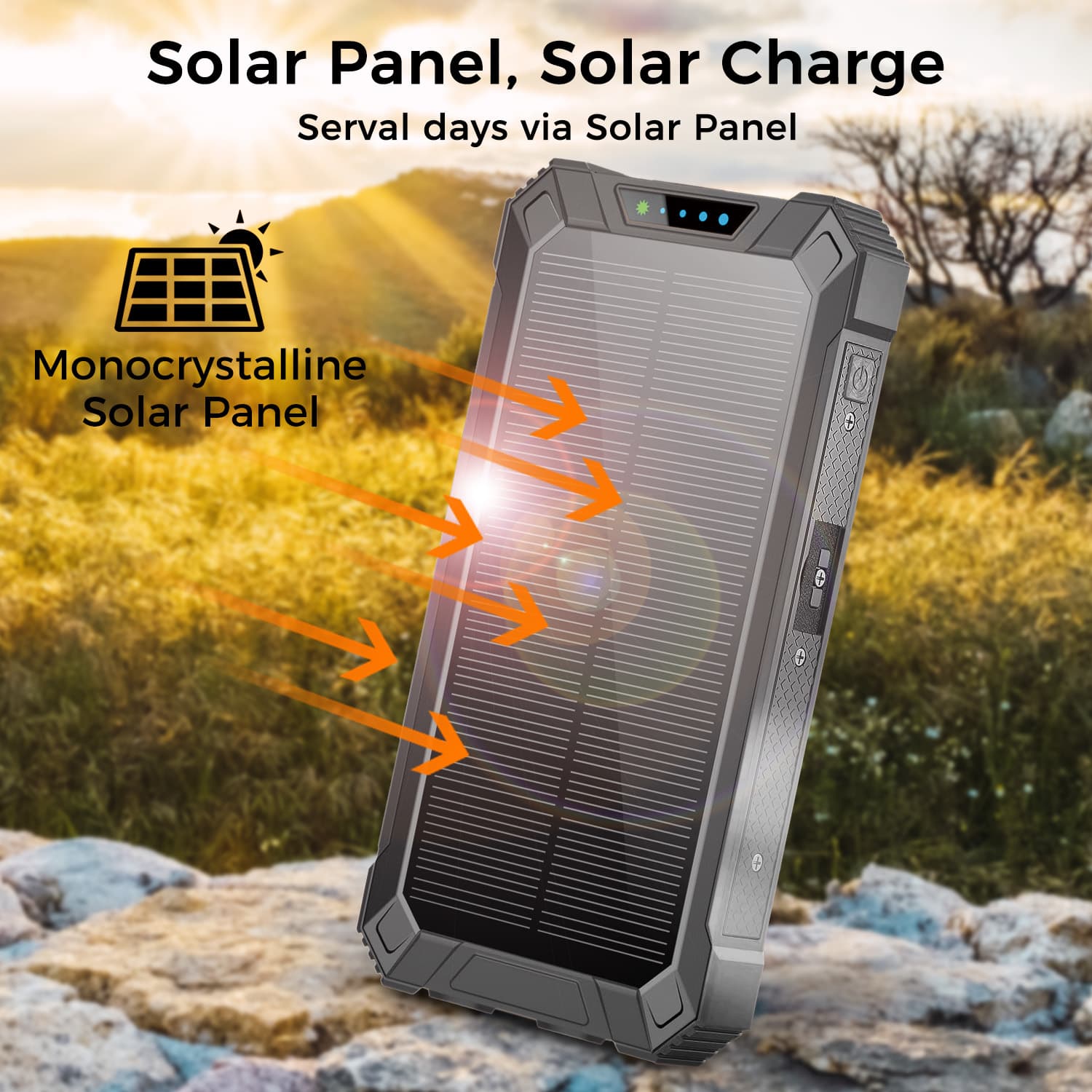 Portable Power Bank w/ Wireless Charging, Built-in 4 Cables, Solar Panel, 20000mAh Battery, IP65 Waterproof, Dustproof, Dual LED Flashlight, Great for iPhone, Samsung, Smart Phones