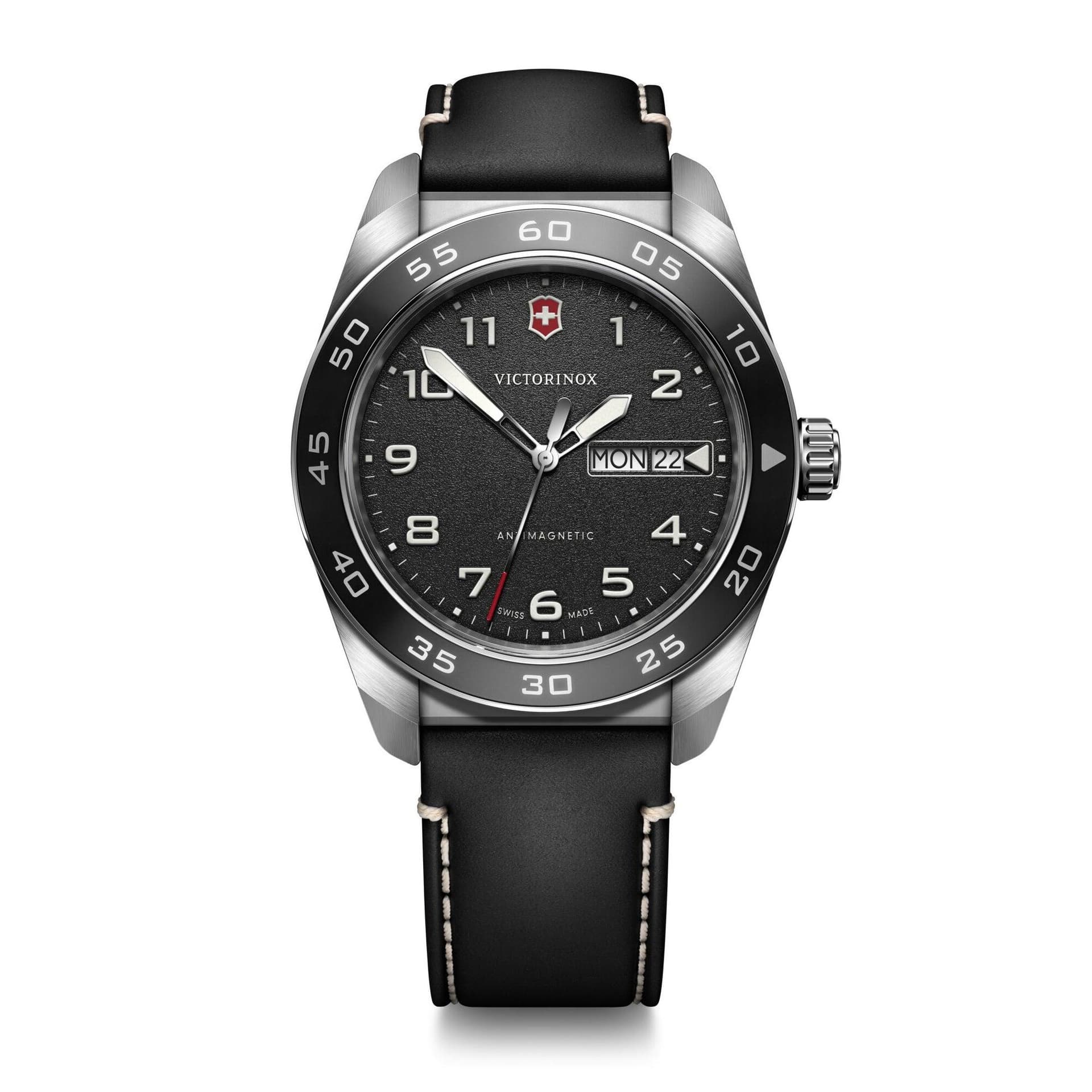 Mens Swiss Army Quartz Silver & Black Leather Strap Watch Black Dial